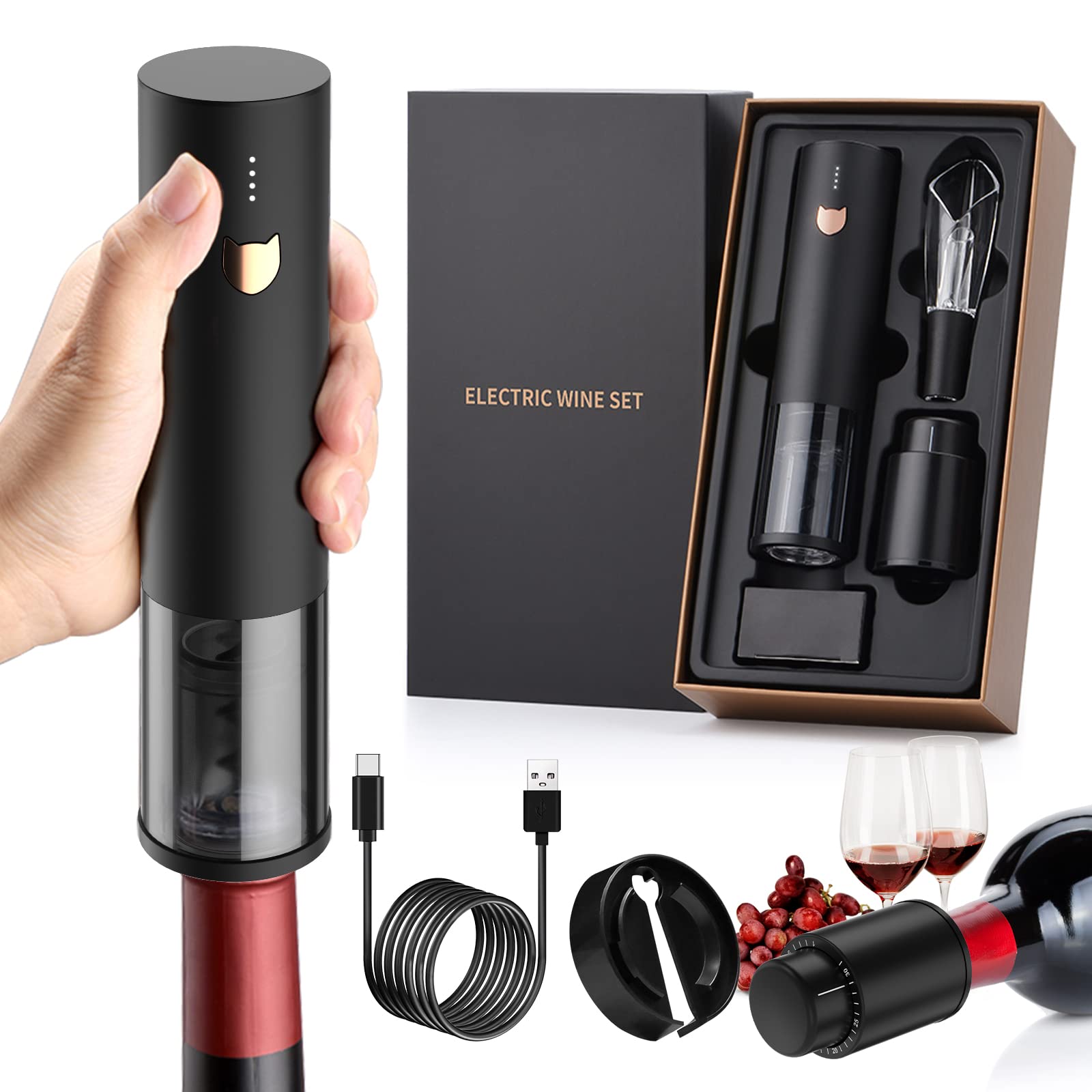 Rocyis Electric Wine Opener-Wine gifts-Automatic Wine Opener Rechargeable-cordless Electric corkscrew-Wine Bottle Opener with Foil cutt