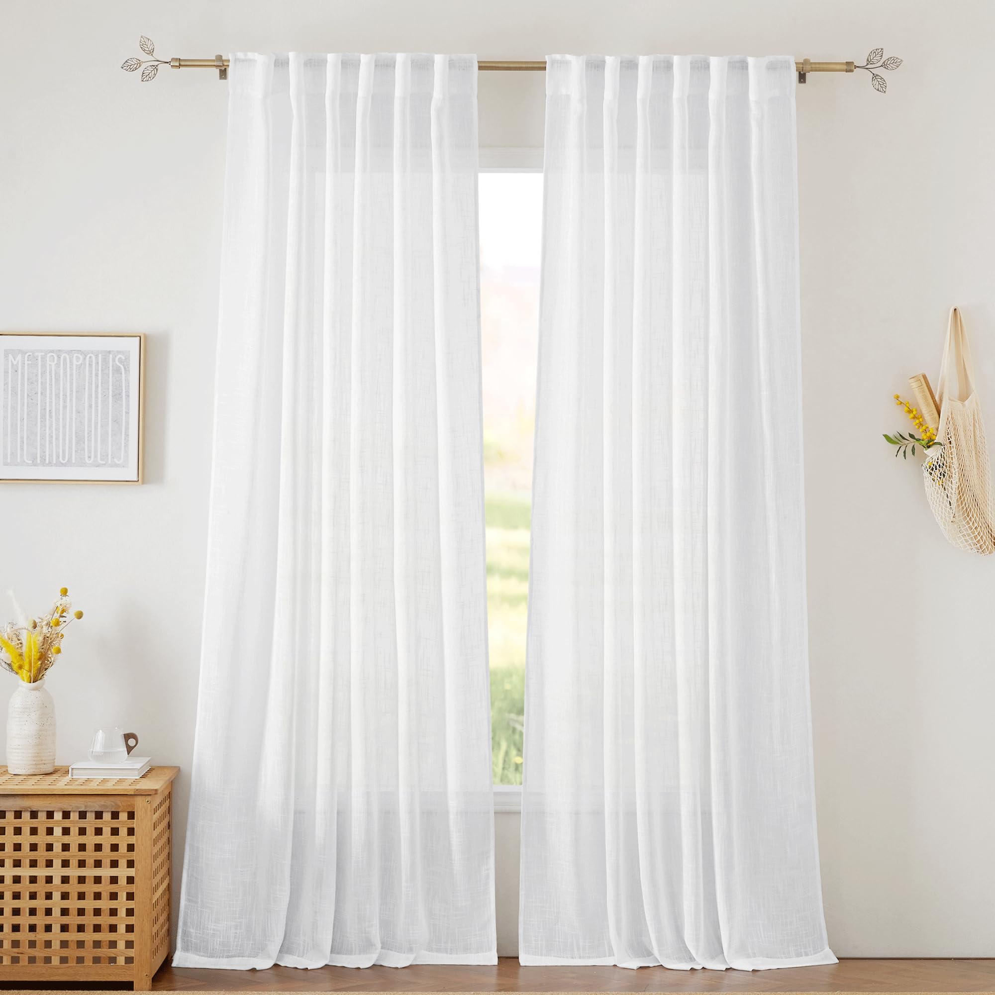 RYB HOME White Curtains Sheer - Linen Texture Semi Sheer Window Covering,  Light \u0026 Airy Privacy Sheer Panels for Bedroom Living R, image size:2000x2000