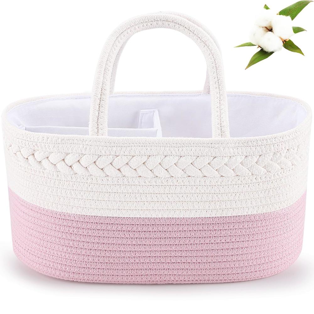 ABenkle Baby Diaper Caddy, Nursery Storage Bin and Car Organizer for Diapers and Baby Wipes, Cotton Rope Diaper Basket Caddy, Ch