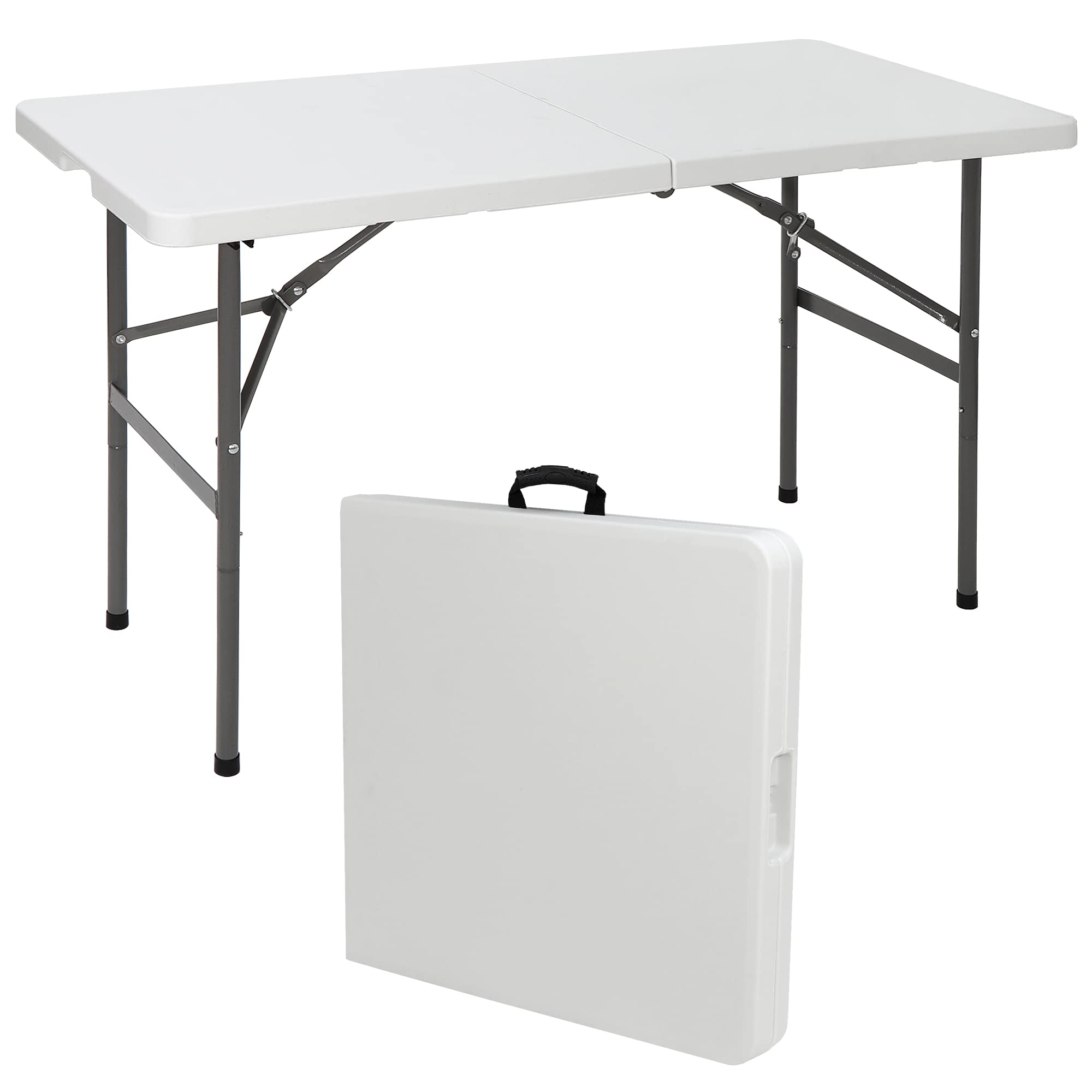 SUPER DEAL Portable 4 Foot Plastic Folding Table, Indoor Outdoor Heavy Duty Fold-in-Half Picnic Party Camping Barbecues Table wi