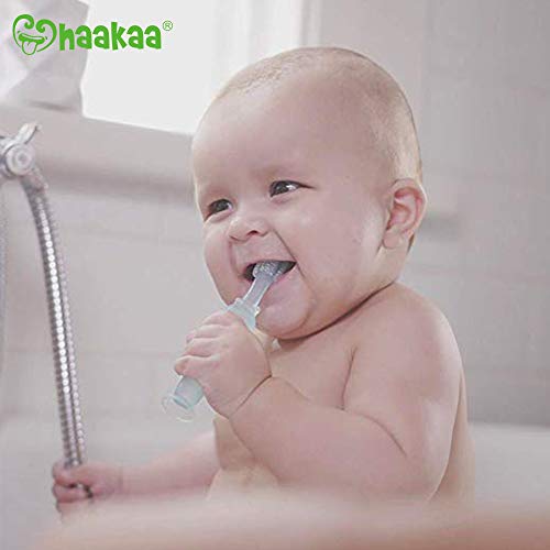 haakaa 360? Silicone Baby Toothbrush with Suction Base Infant to Toddler Toothbrush, Food Grade Silicone, 1pc (Blue)
