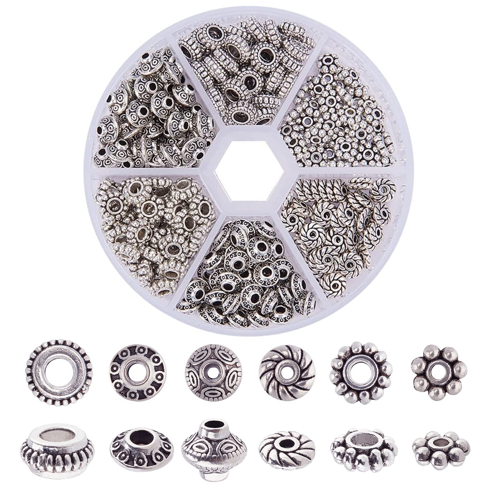 PH PandaHall 300pcs 6 Style Antique Silver Spacer Beads, Tibetan Metal Alloy Tube Spacers Flower Flat Rondelle Small Loose Beads