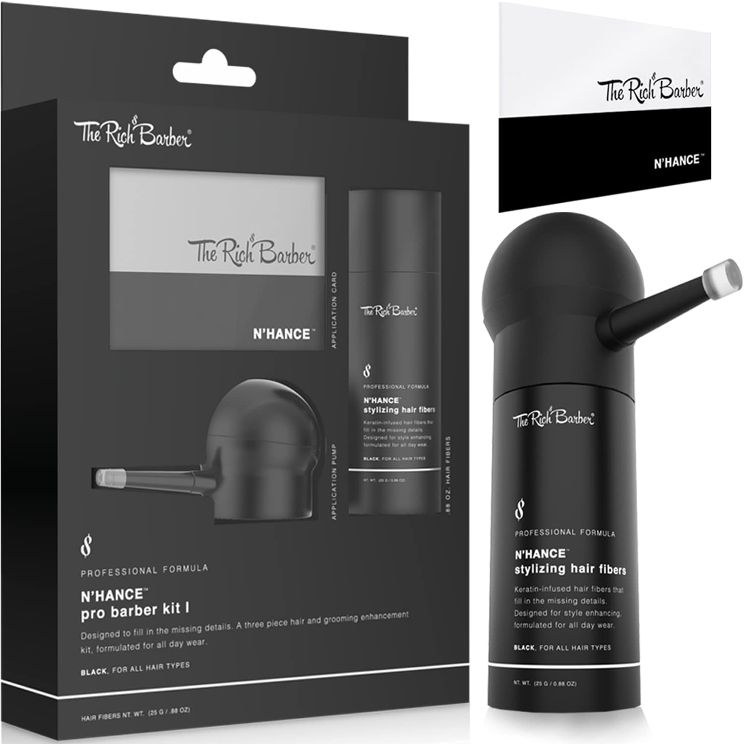 The Rich Barber N'Hance Pro Barber Kit I - Professional 3-in-1 Hair & Beard Styling Set - Keratin-Infused Hair Building Fibers,