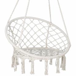 SUPER DEAL Macrame Hanging Chair Swing Chair with Tassels, Bohemian Style Cotton Rope Mesh Hammock Chair for Indoor & Outdoor Pe