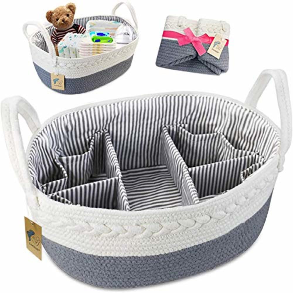 Lzellah Baby Diaper Caddy Organizer - Extra Large Nappy Caddy Rope Nursery Storage Bin - Baby Basket with 8 Pockets, 5 Compartme