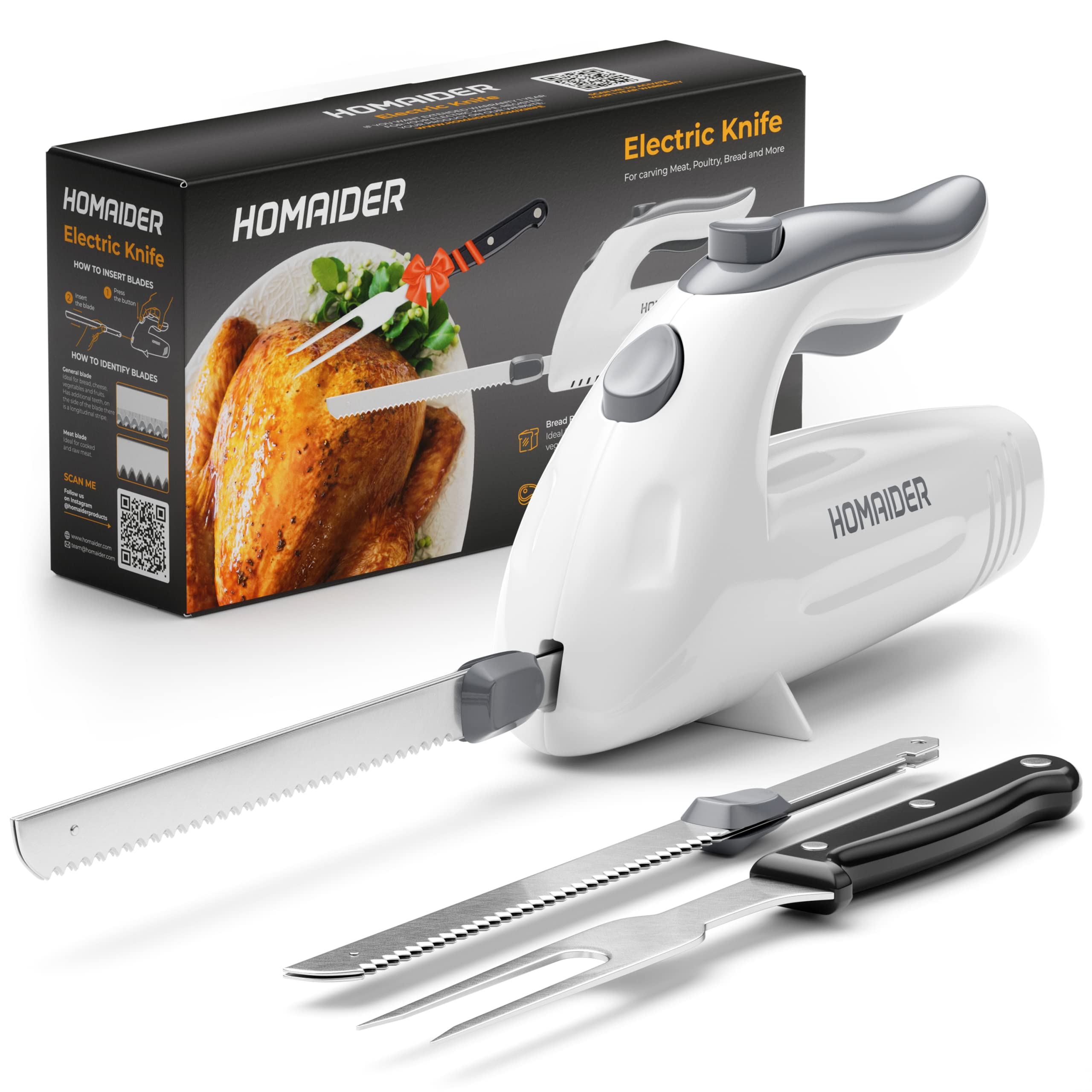Homaider Electric Knife for carving Meat, Turkey, Bread & More Serving Fork and carving Blades Included