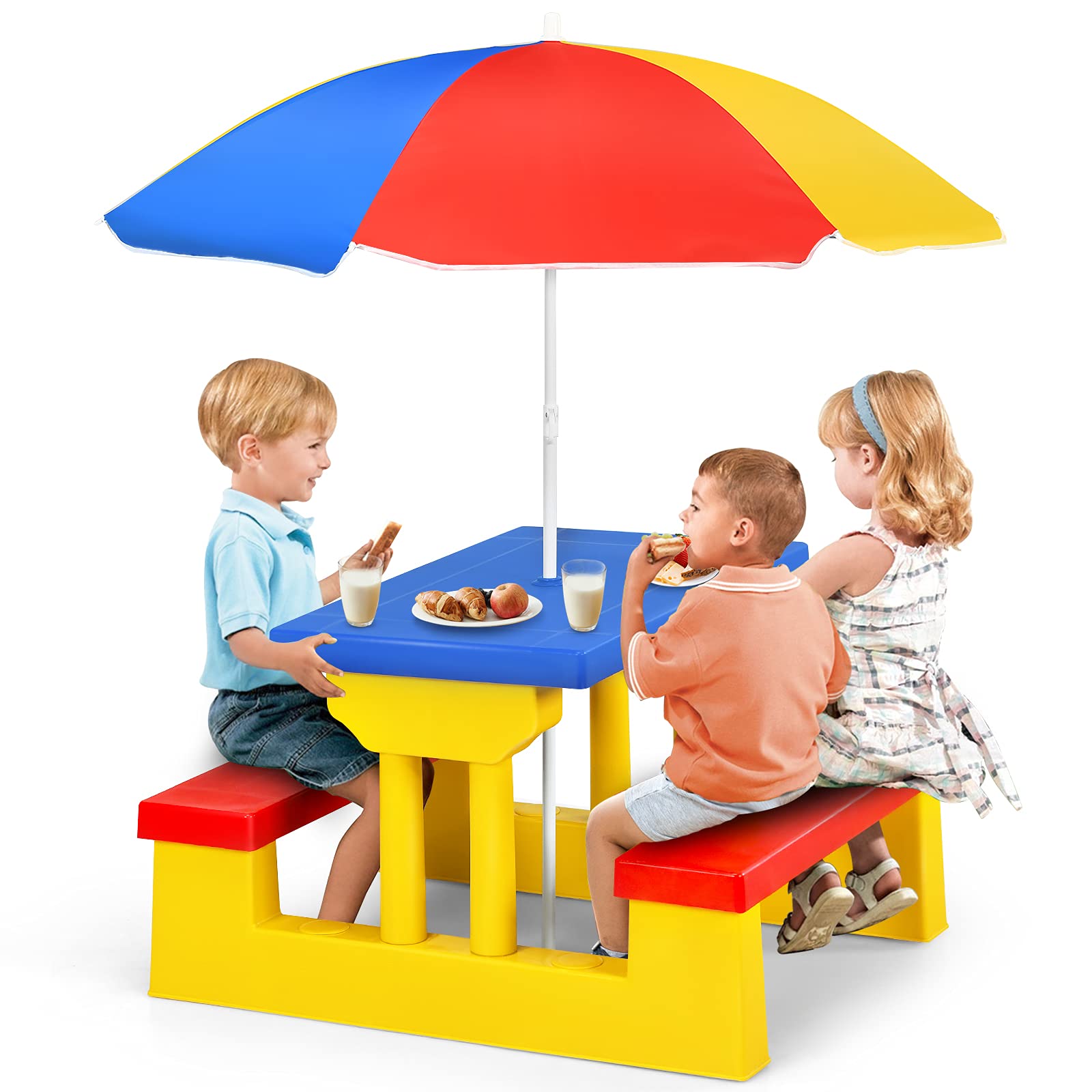 Costzon Kids Portable Picnic Table and Bench with Removable Umbrella for Toddlers, Great for Garden, Backyard, Patio, Indoor & O