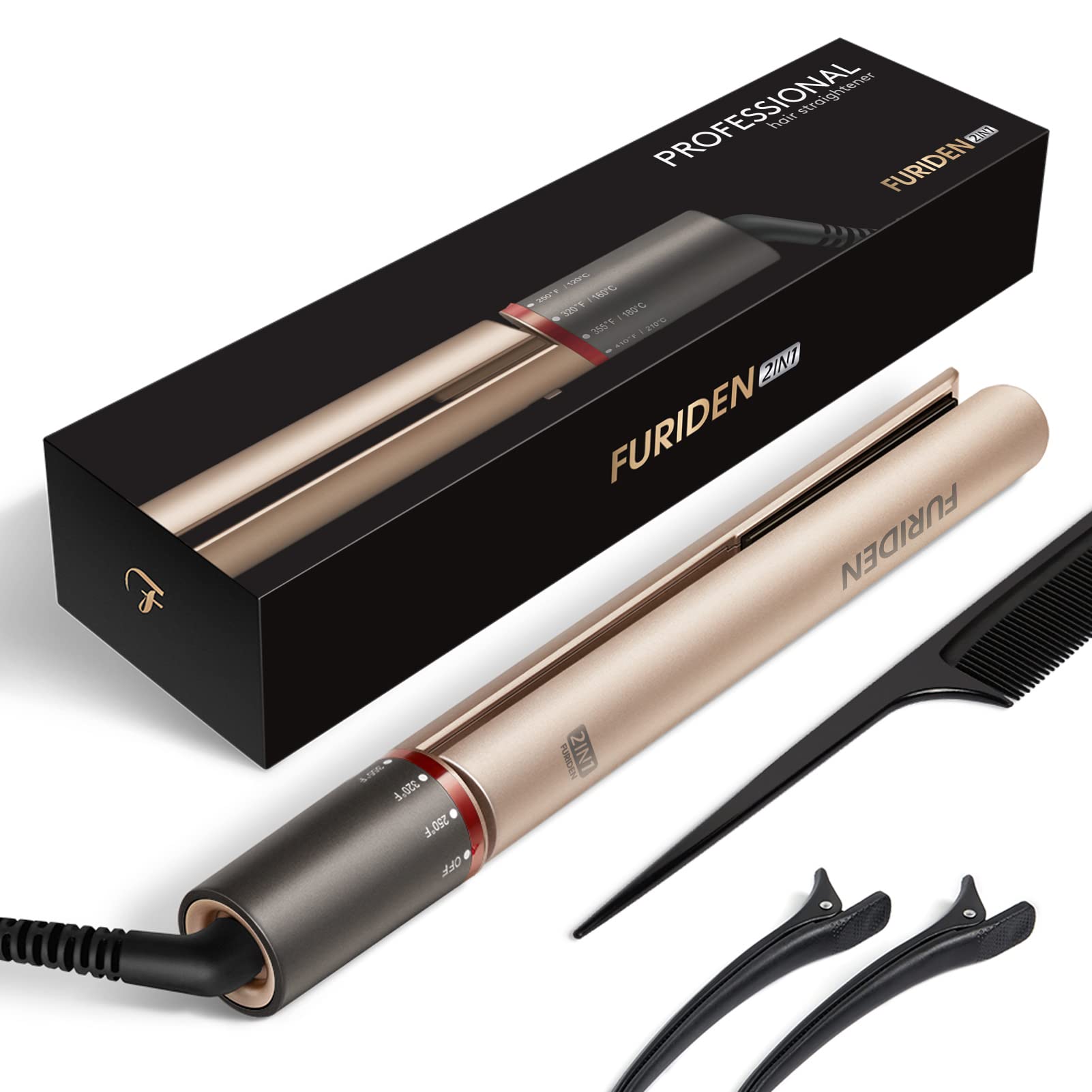 FURIDEN Professional Salon Quality Hair Straightener, Hair Straightener and Curler 2 in 1, Flat Iron Curling Iron in One, Fast R