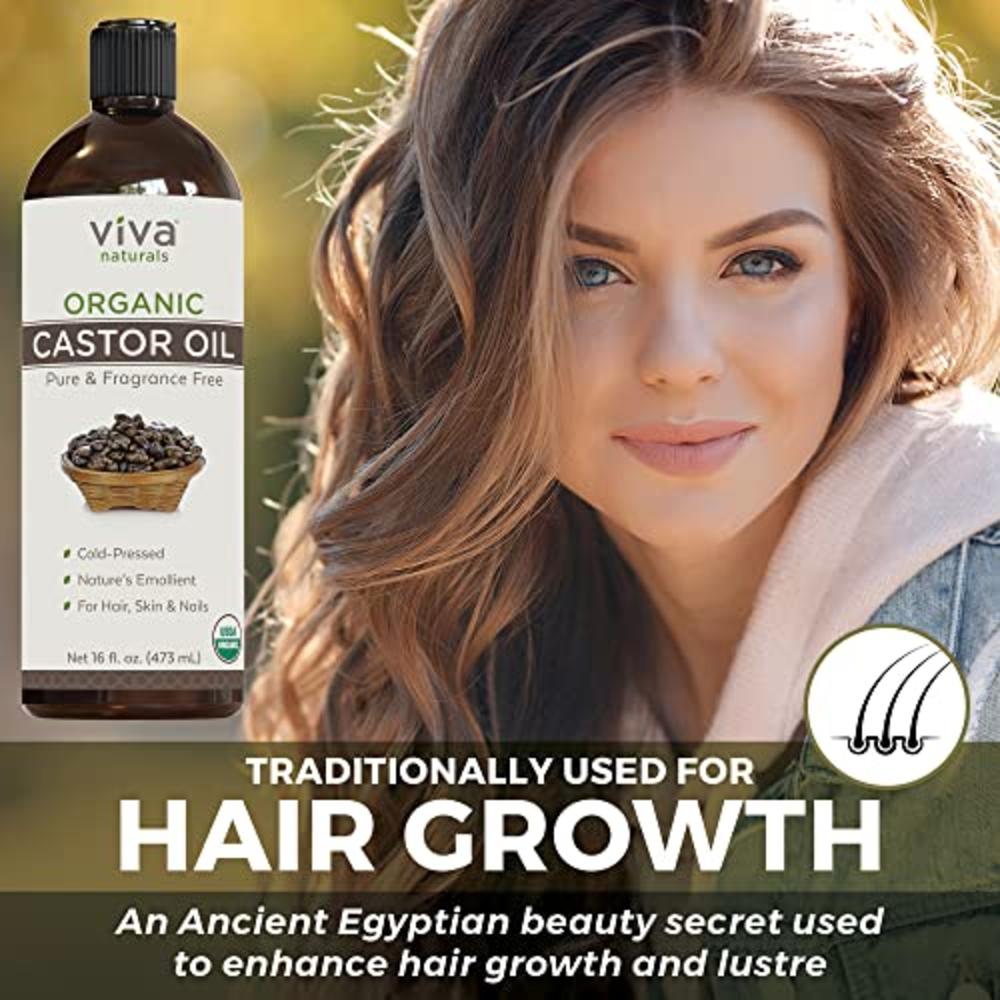 Viva Naturals Organic Castor Oil for Eyelashes and Eyebrows - 16 fl oz, USDA Organic, Pure Hexane-Free Moisturizer Traditionally Used for Hair
