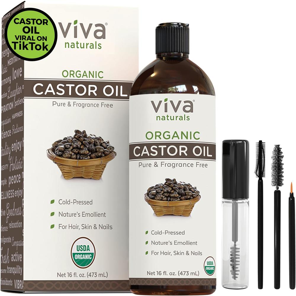 Viva Naturals Organic Castor Oil for Eyelashes and Eyebrows - 16 fl oz, USDA Organic, Pure Hexane-Free Moisturizer Traditionally Used for Hair