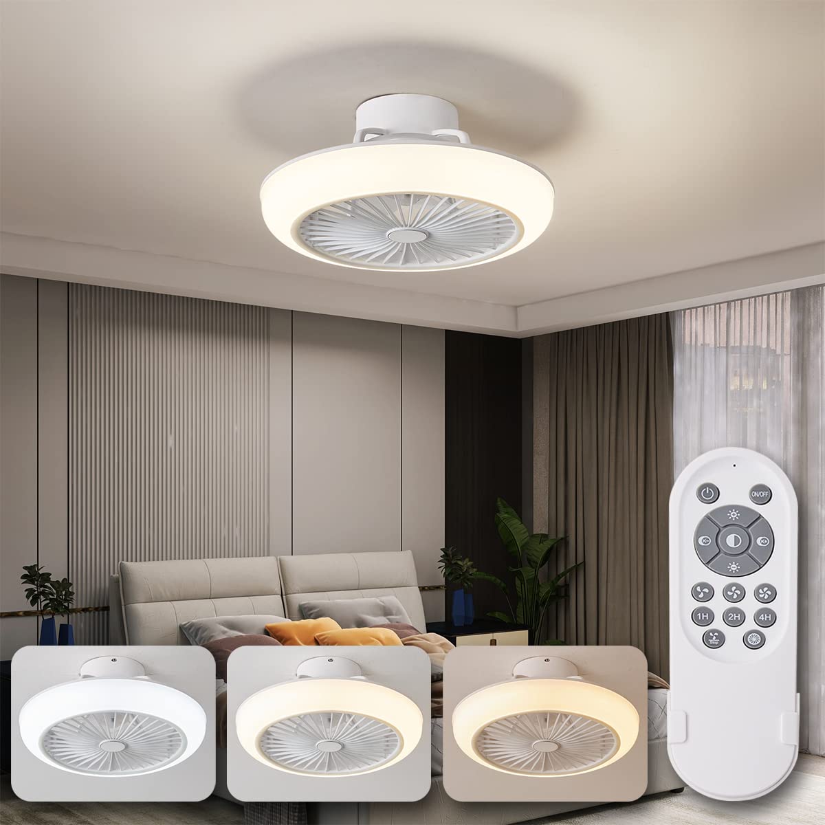 LHLYCLX Modern 18 ceiling Fans with Lights Flush Mount, 3 color Dimmable LED ceiling Fan Remote control, Low Profile Enclosed ceiling Fa