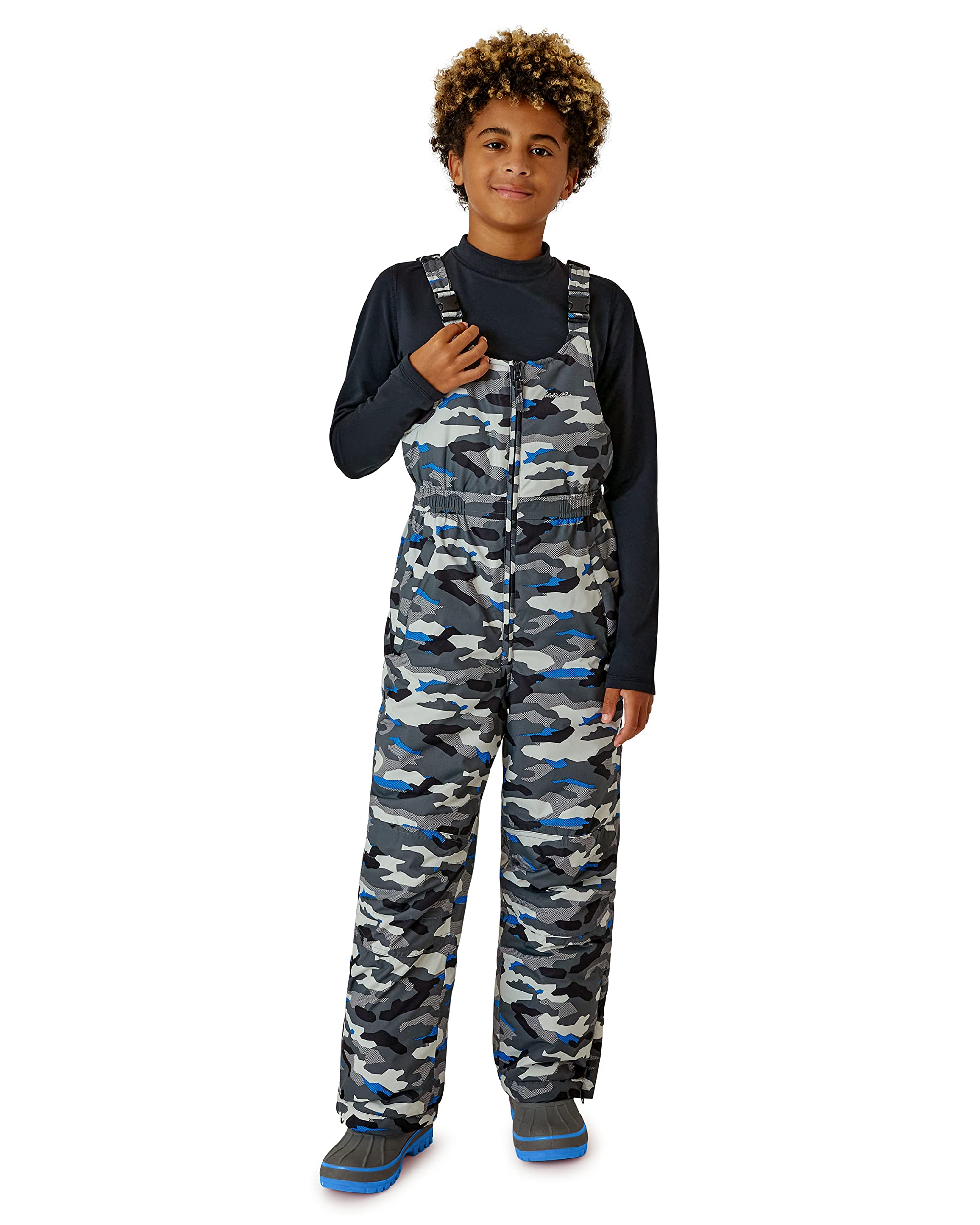 Eddie Bauer Kids Snow Bib - Boys Insulated Waterproof Snow Ski Pant Overalls (3-16), Size 10-12, Grey Blue Camo