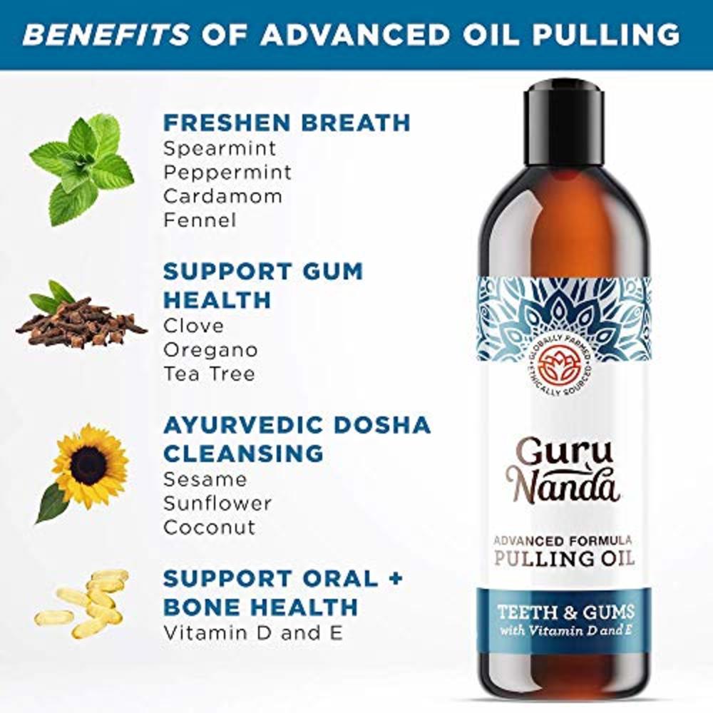GuruNanda Advanced Oil Pulling with Tongue Scraper Inside The Box - Natural Alcohol Free Mouthwash with Coconut Oil, Vitamins D