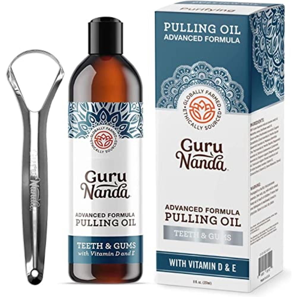 GuruNanda Advanced Oil Pulling with Tongue Scraper Inside The Box - Natural Alcohol Free Mouthwash with Coconut Oil, Vitamins D
