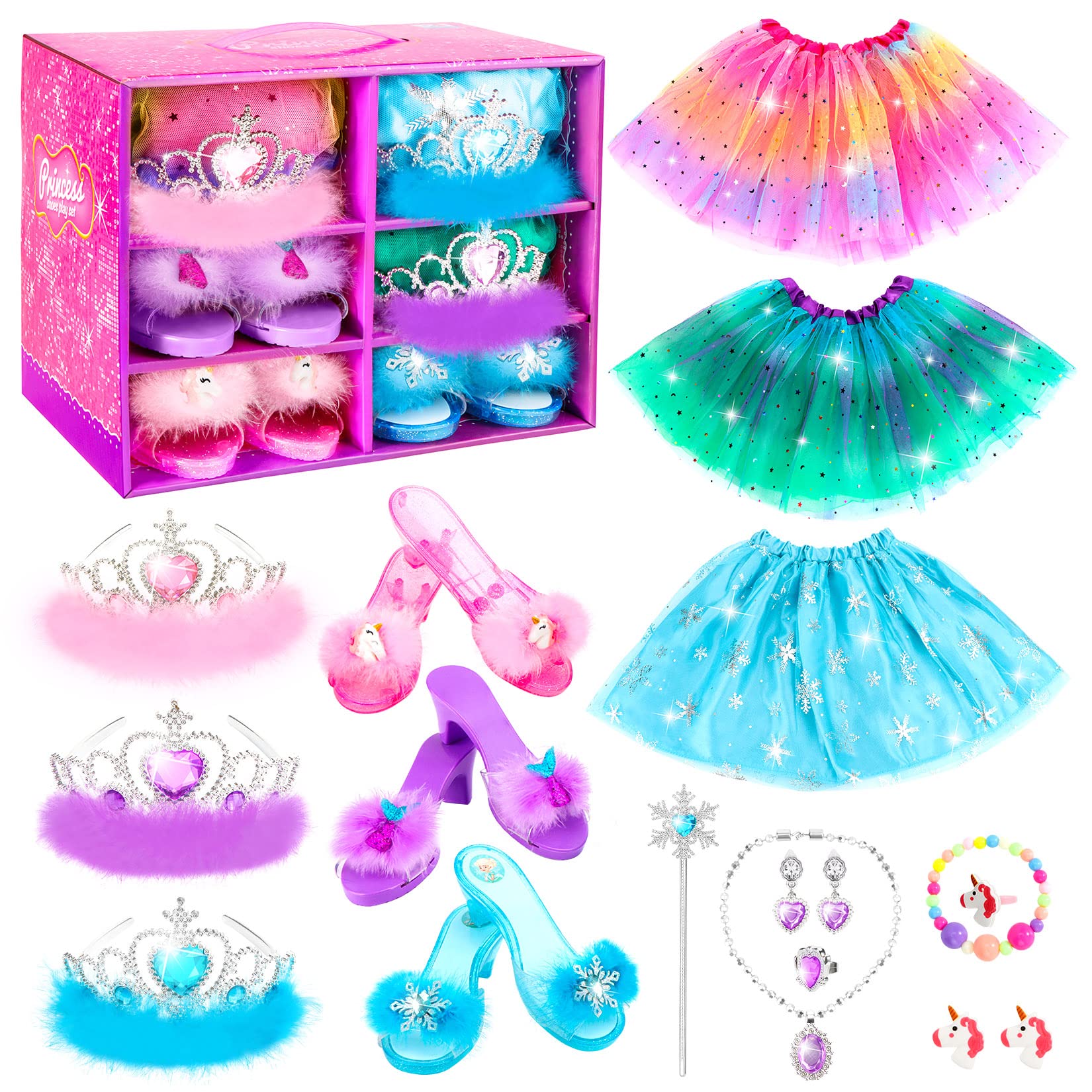 HAMSILY Princess Dress Up Shoes Set for Toddler Jewelry Boutique Kit, 3 Themes of Unicorn Mermaid Ice Princess Costumes Set, Pre