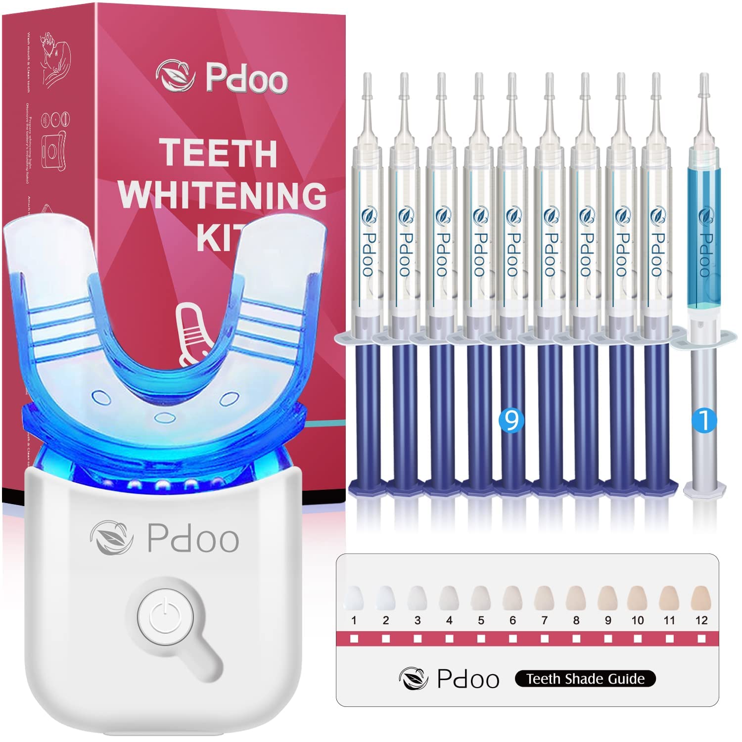 Pdoo Teeth Whitening Kit with LED Lights Tray for Sensitive Teeth, 10x Whitening Pen Gel, Teeth Whitener at Home, Pain Free and Ename