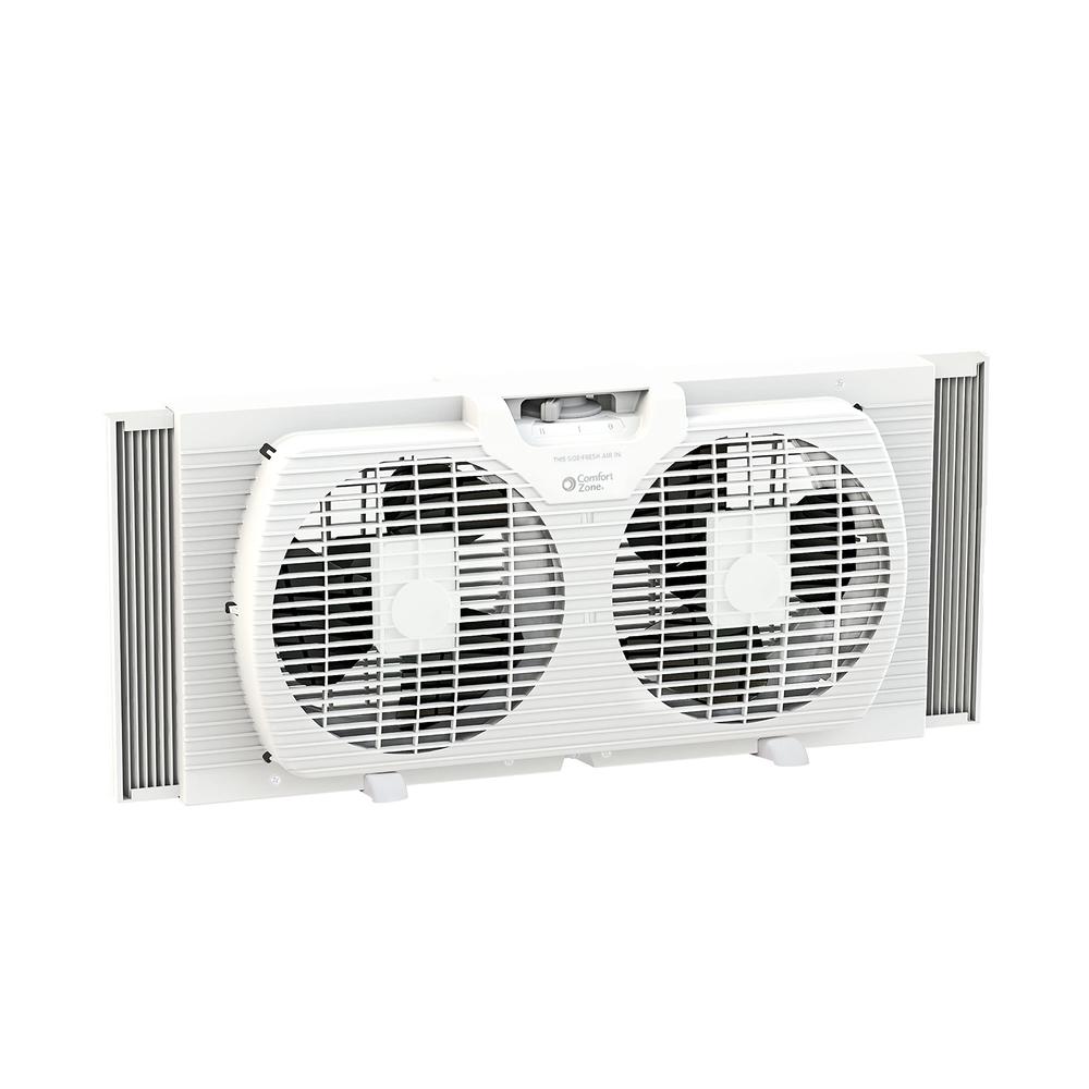 Comfort Zone CZ319WT 9" Twin Window Fan with Reversible Airflow Control, Auto-Locking Expanders and 2-Speed Fan Switch, White