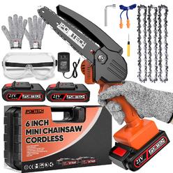 JPOWTECH Mini Chainsaw Cordless 6-Inch with 2 Batteries & Security Lock, Small Portable Handheld Electric Power Chain Saw for Ga