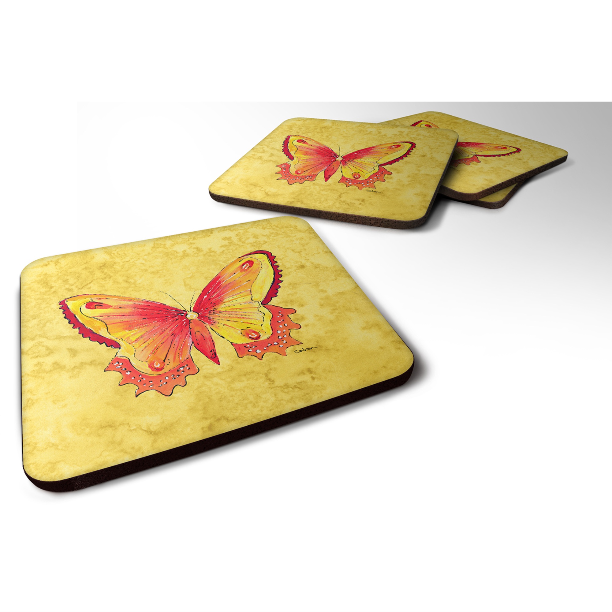 Caroline's Treasures "Caroline's Treasures 8857FC Butterfly on Yellow Foam Coasters (Set of 4), 3.5"" H x 3.5"" W, Multicolor"