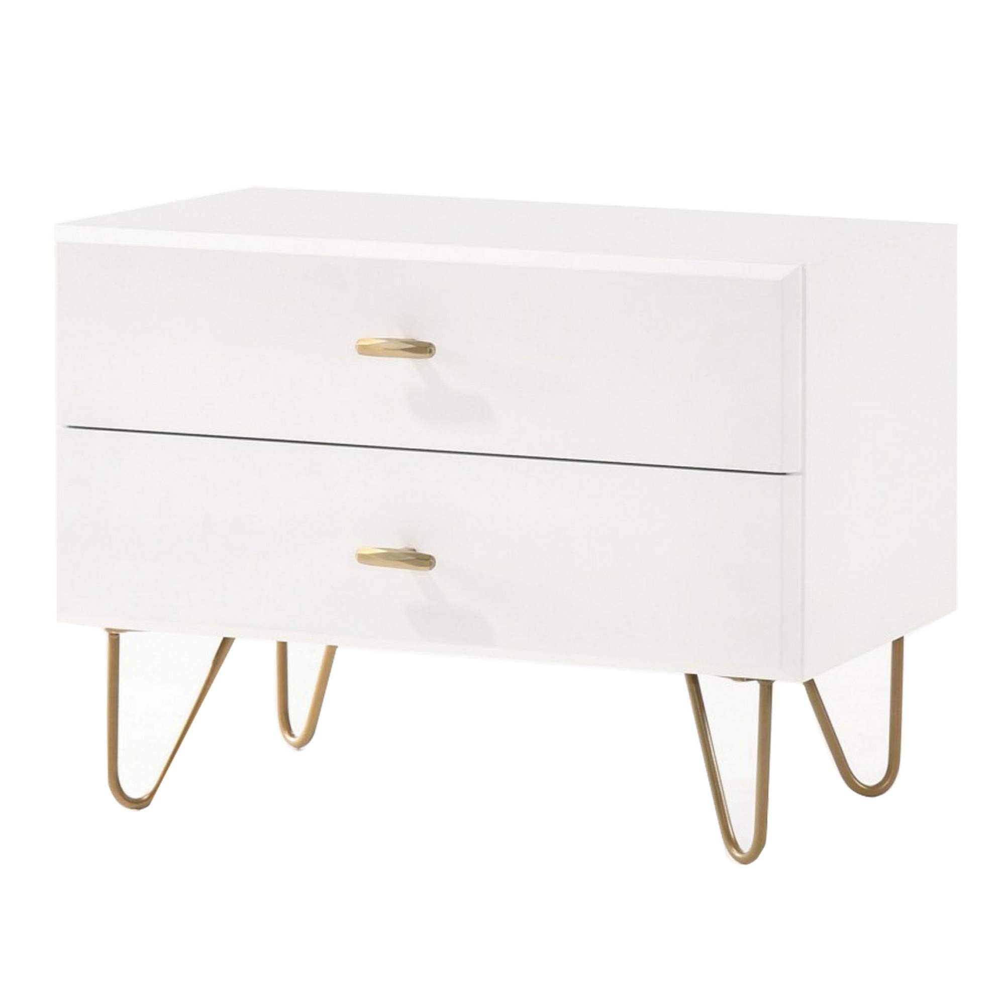 Benjara 2 Drawer Wooden Nightstand with Metal Pulls and Hairpin Legs, White and gold