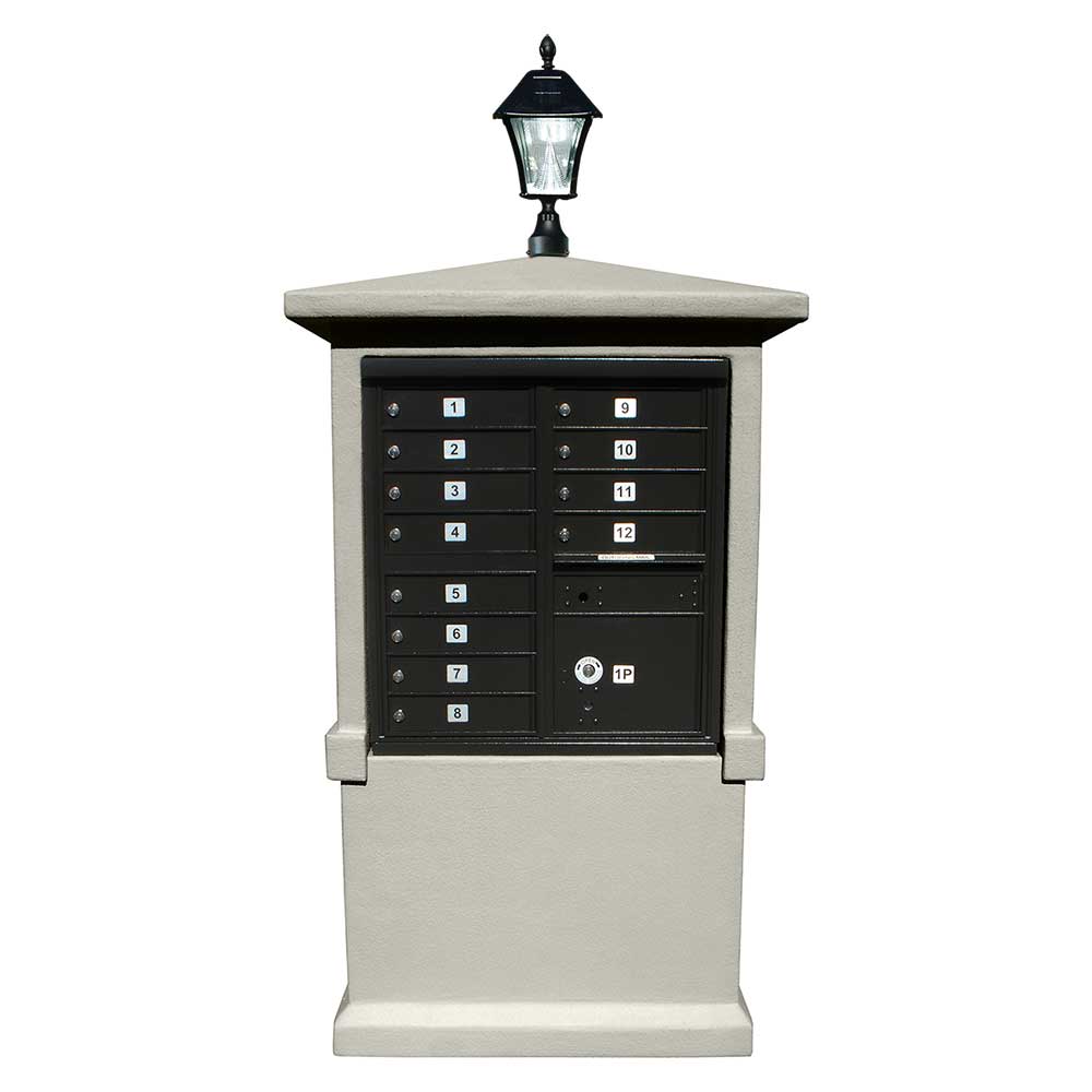 Qualarc Estateview stucco CBU Mailbox Center, TALL pedestal (column only) in Non-Painted  with Bayview Solar Lamp
