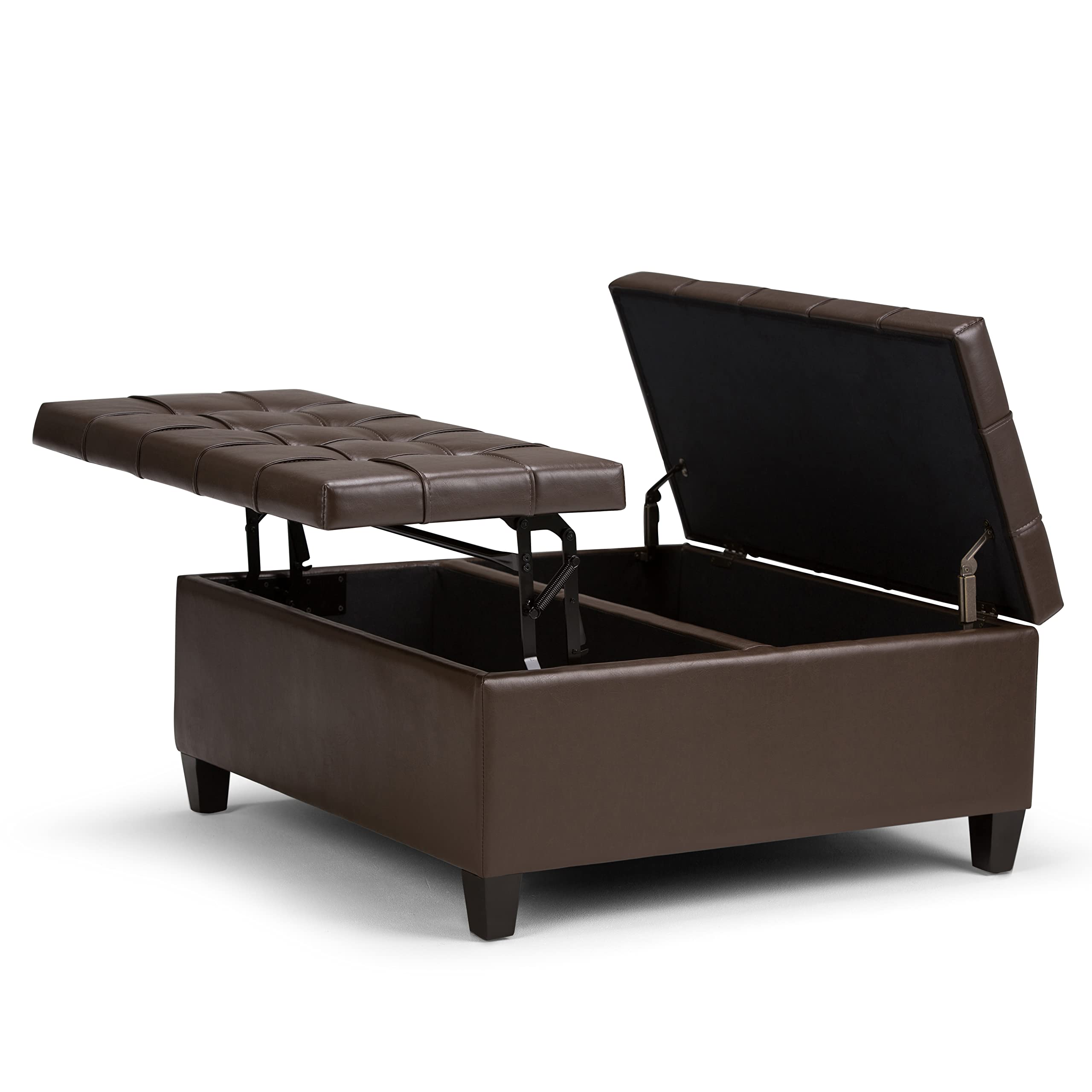 SIMPLIHOME Harrison 36 inch Wide Square Coffee Table Lift Top Storage Ottoman, Cocktail Footrest Stool in Upholstered Chocolate 