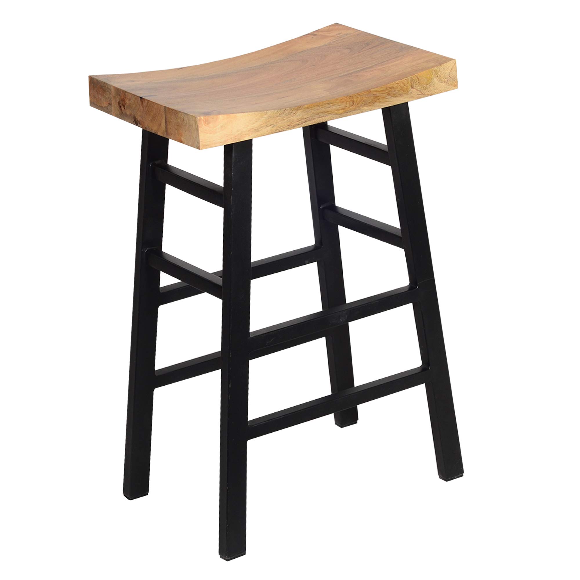 The Urban Port Wooden Saddle Seat 30 Inch Barstool with Ladder Base, Brown and Black