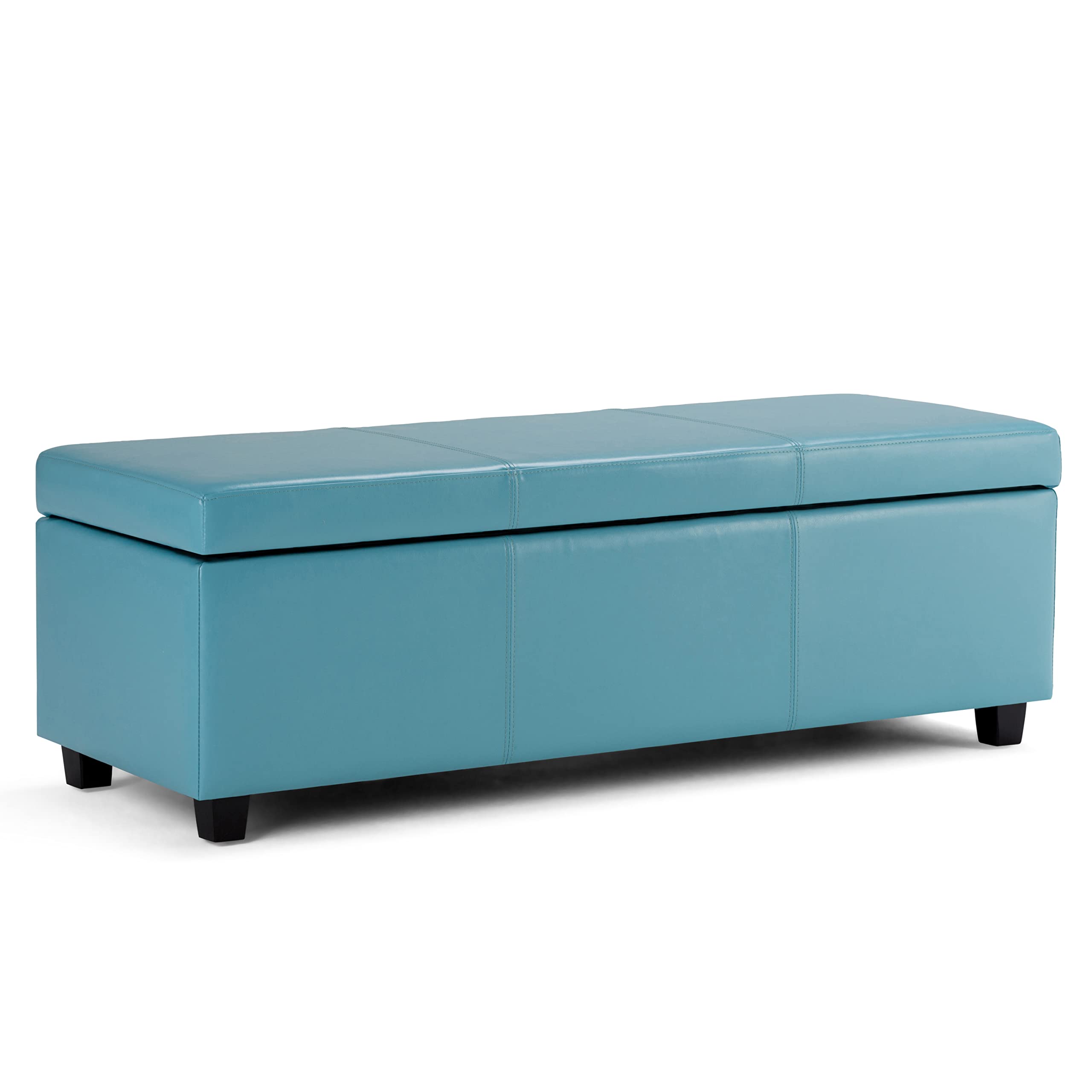 SIMPLIHOME Avalon 48 Inch Wide Contemporary Rectangle Storage Ottoman Bench in Soft Blue Vegan Faux Leather, For the Living Room