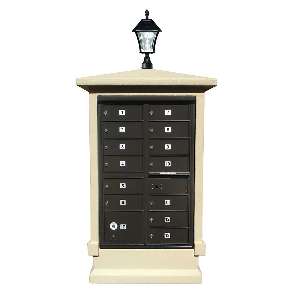 Qualarc Estateview stucco CBU Mailbox Center, SHORT pedestal (column only) in Sandstone Color with Bayview Solar Lamp