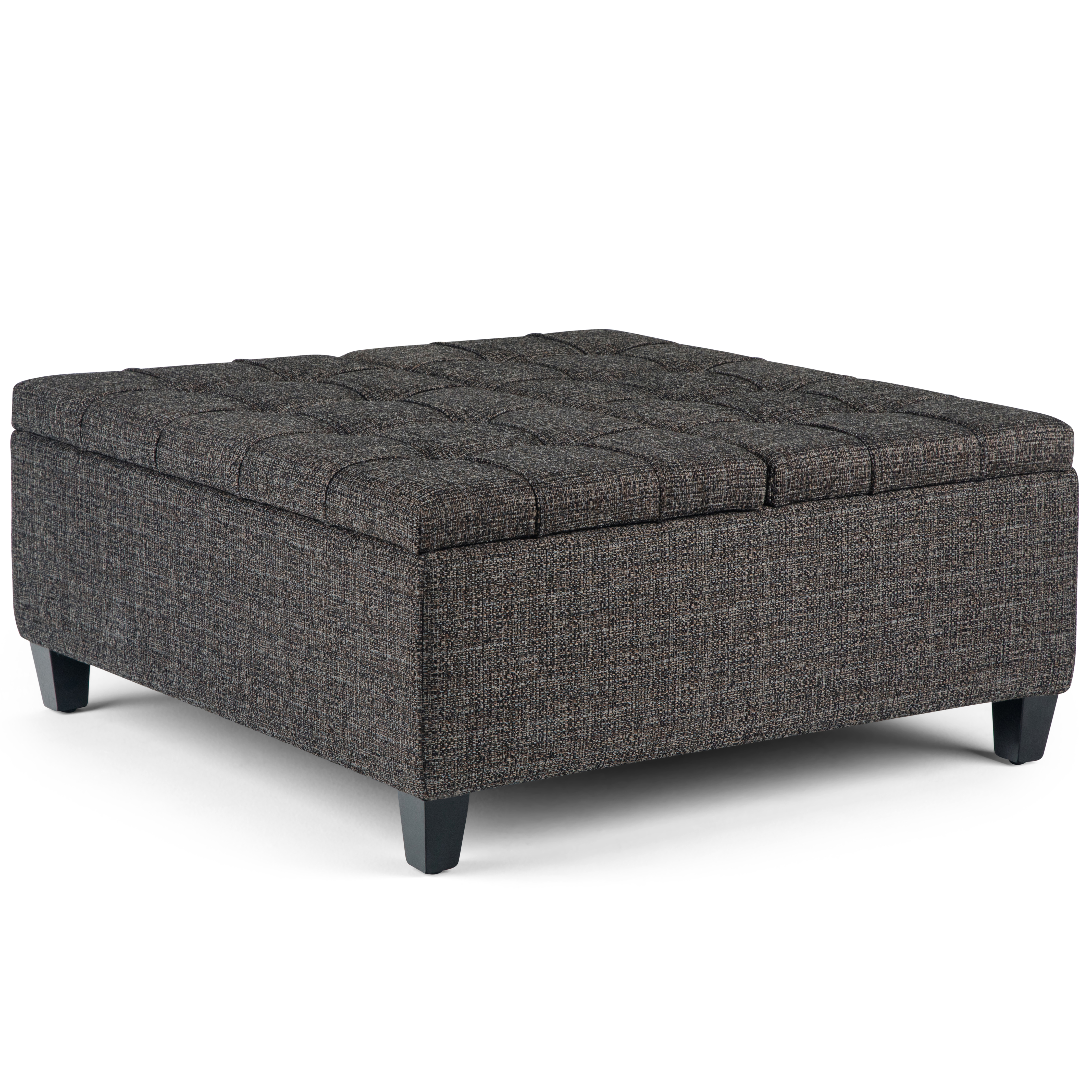 Simpli Home Harrison 36 inch Wide Transitional Square Coffee Table Storage Ottoman in Ebony Tweed Look Fabric
