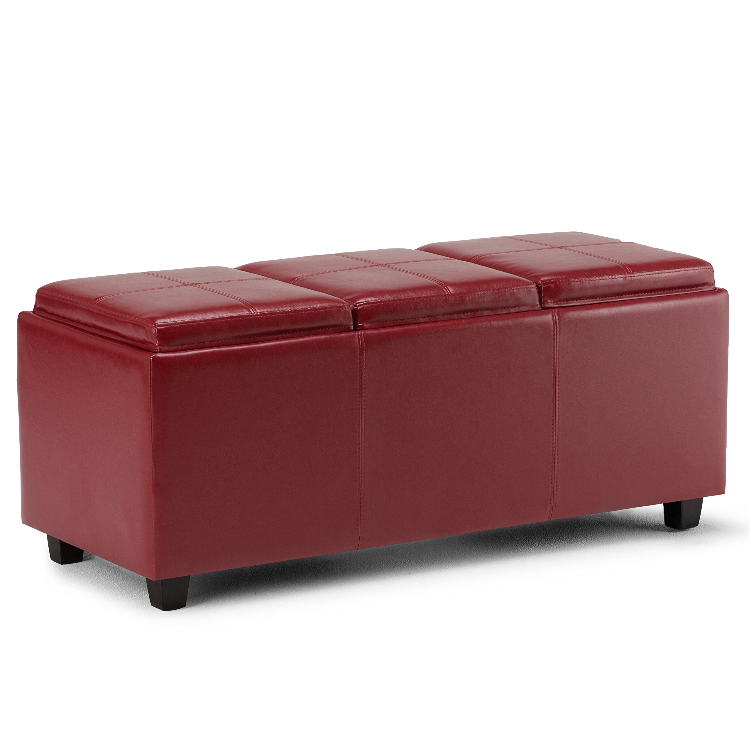 SIMPLIHOME Avalon 42 Inch Wide Contemporary Rectangle Storage Ottoman in Red Vegan Faux Leather, For the Living Room, Entryway a
