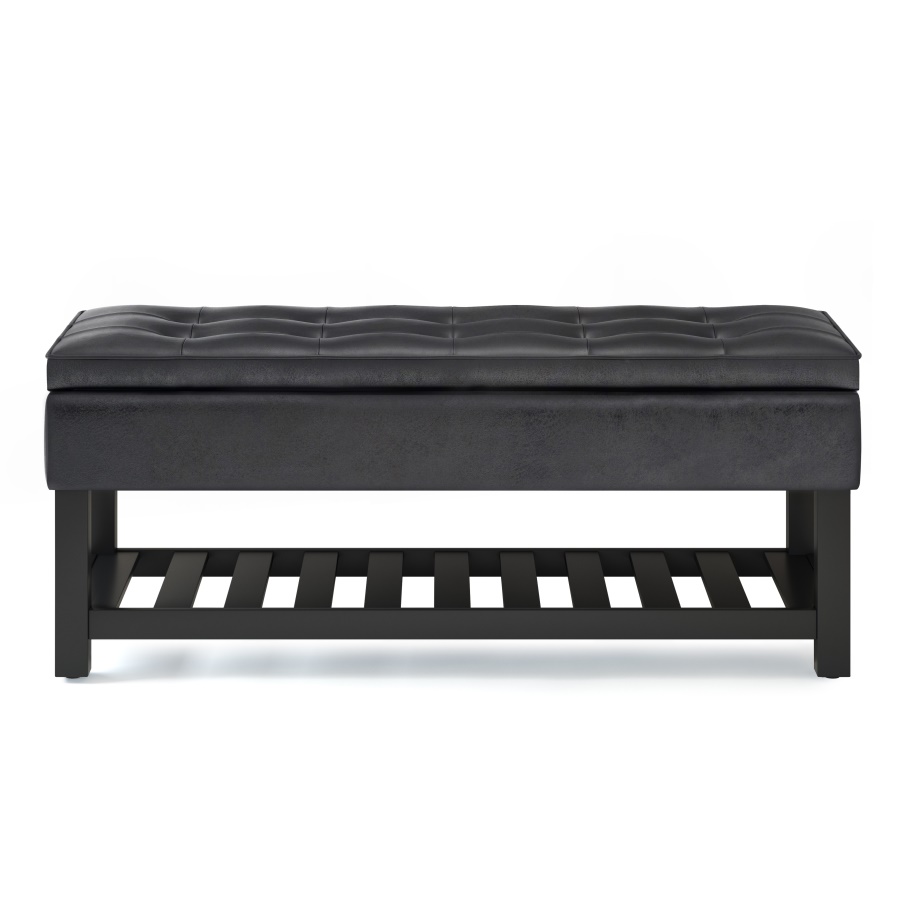 Simpli Home Cosmopolitan 44 inch Wide Transitional Rectangle Storage Ottoman Bench with Open Bottom in Distressed Black Faux Leather