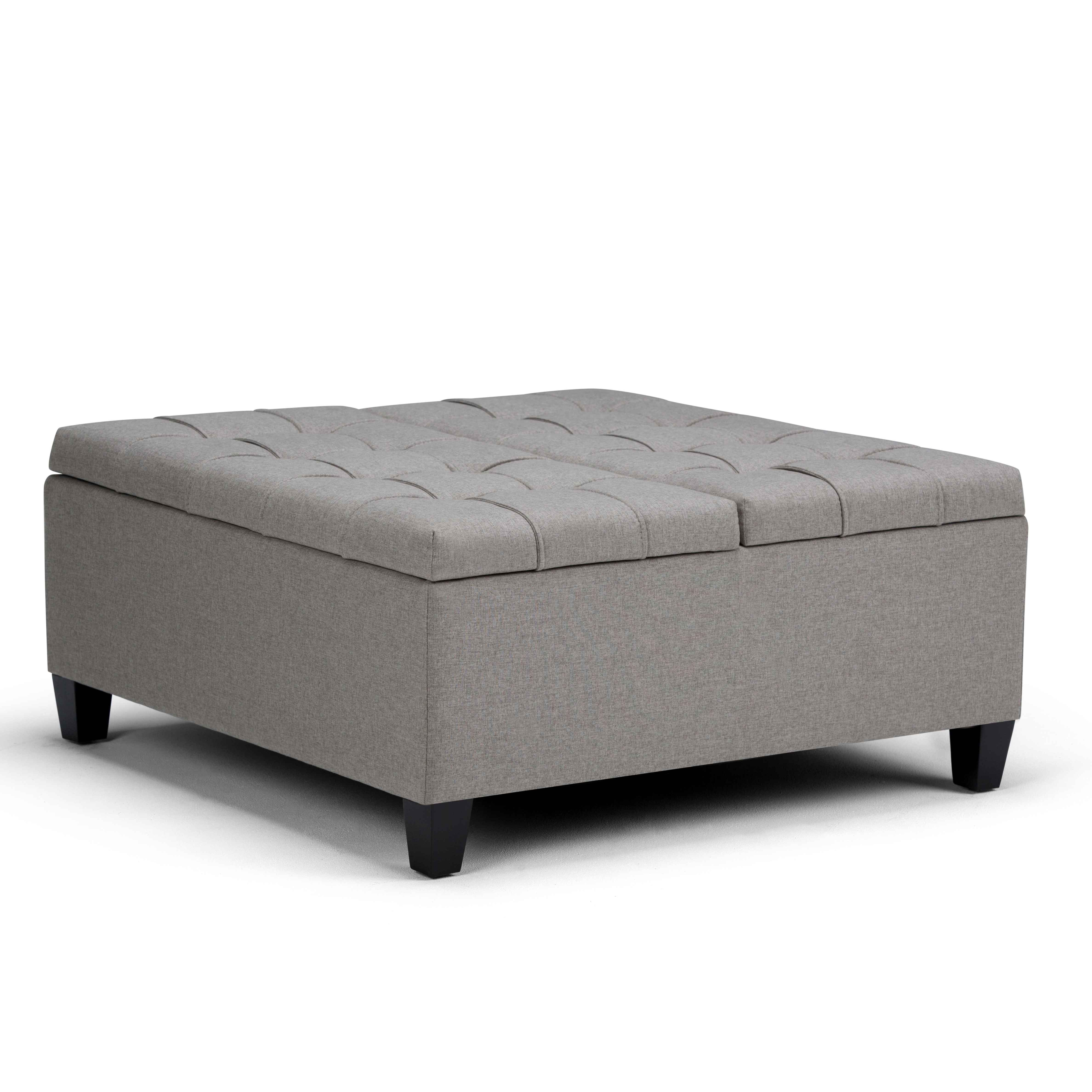 Simpli Home Harrison 36 inch Wide Transitional Square Coffee Table Storage Ottoman in Dove Grey Linen Look Fabric