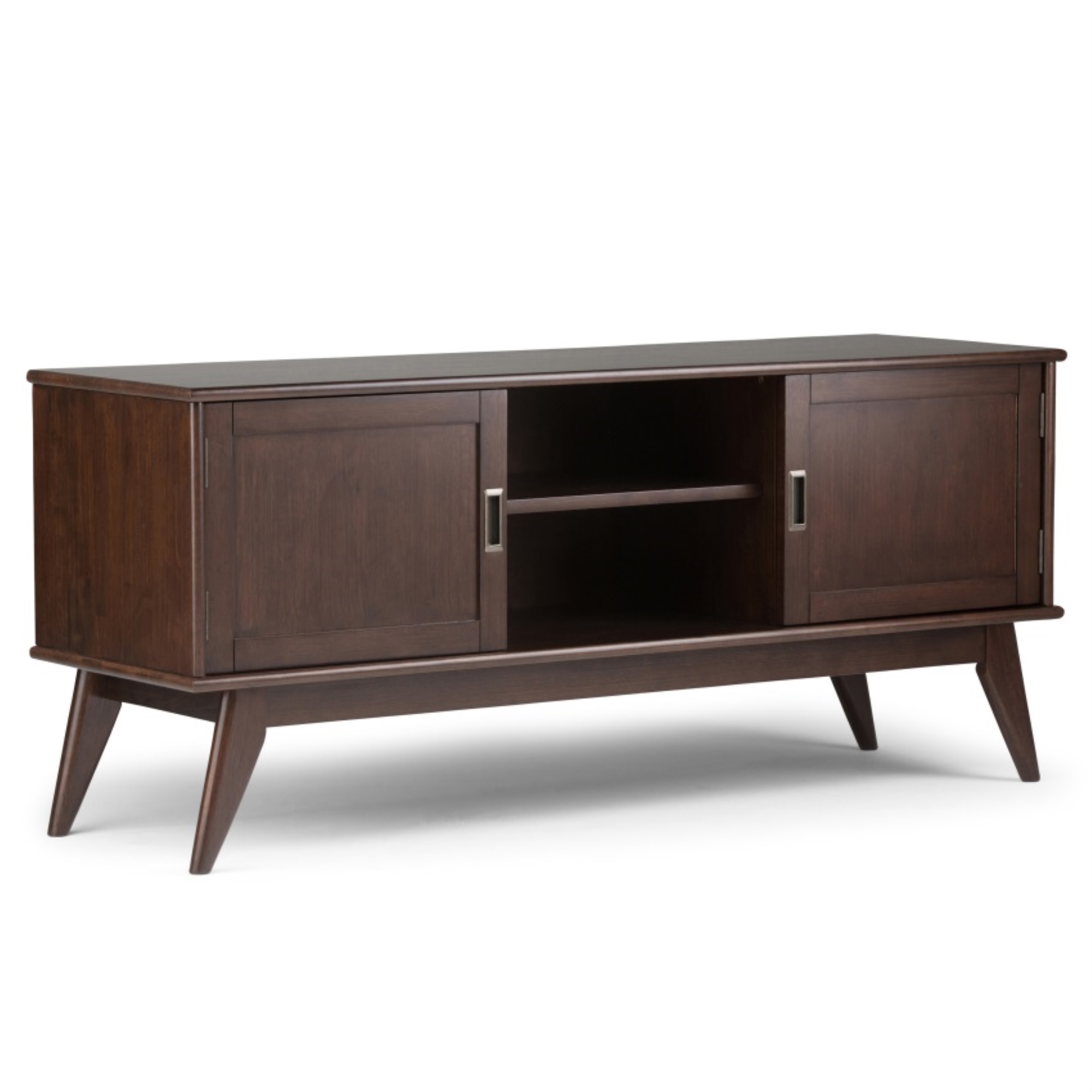 Simpli Home Draper SOLID HARDWOOD 60 inch Wide Mid-Century Modern TV Media Stand in Medium Auburn Brown For TVs up to 65 inches