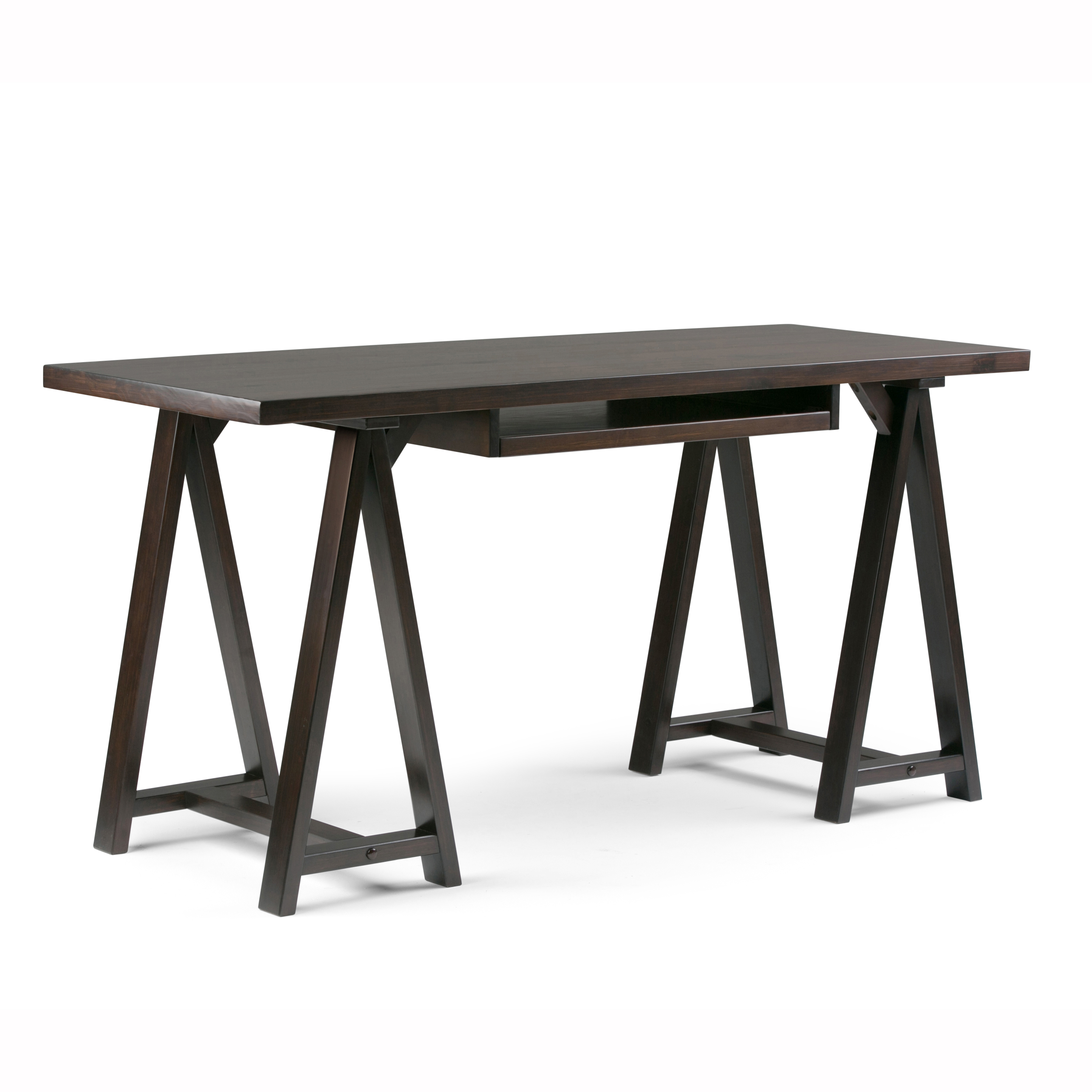 Simpli Home Sawhorse Solid Wood Modern Industrial 60 inch Wide Writing Office Desk in Dark Chestnut Brown