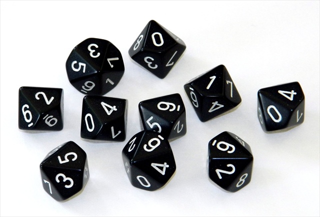 chessex Manufacturing 26208 Opaque Black With White - Ten Sided Die D10 Set Of 10