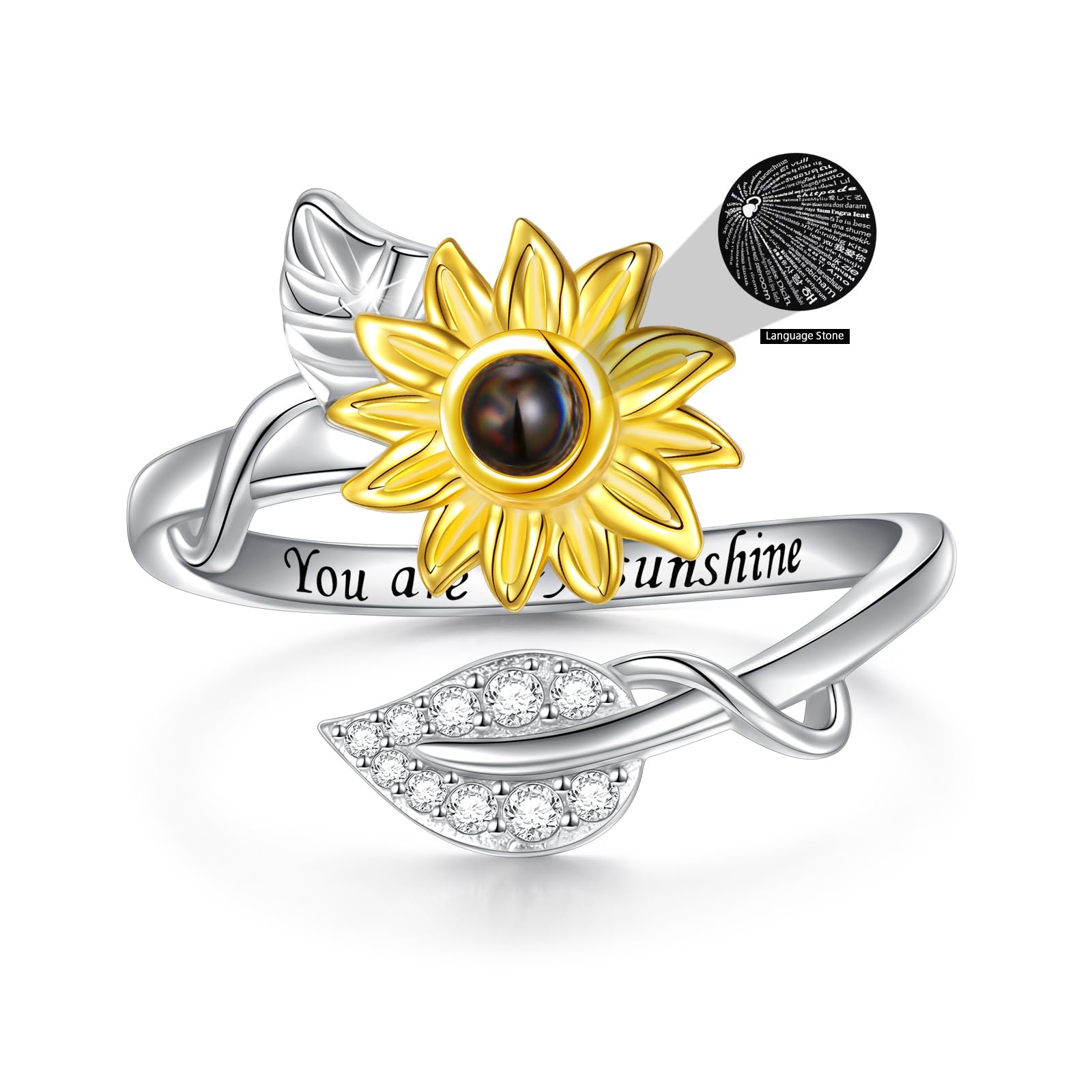 DAOCHONG Sterling Silver You are My Sunshine Sunflower CZ Ring 100  Languages I Love You Stone Ring