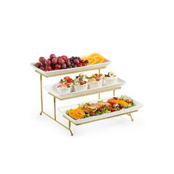 YHOSSEUN 3 Tier Serving Stand Tiered Oval Bowl Stand With 3 Oval Porcelain Serving Bowl Set With Collapsible Thicker Sturdier Metal Rack (Black