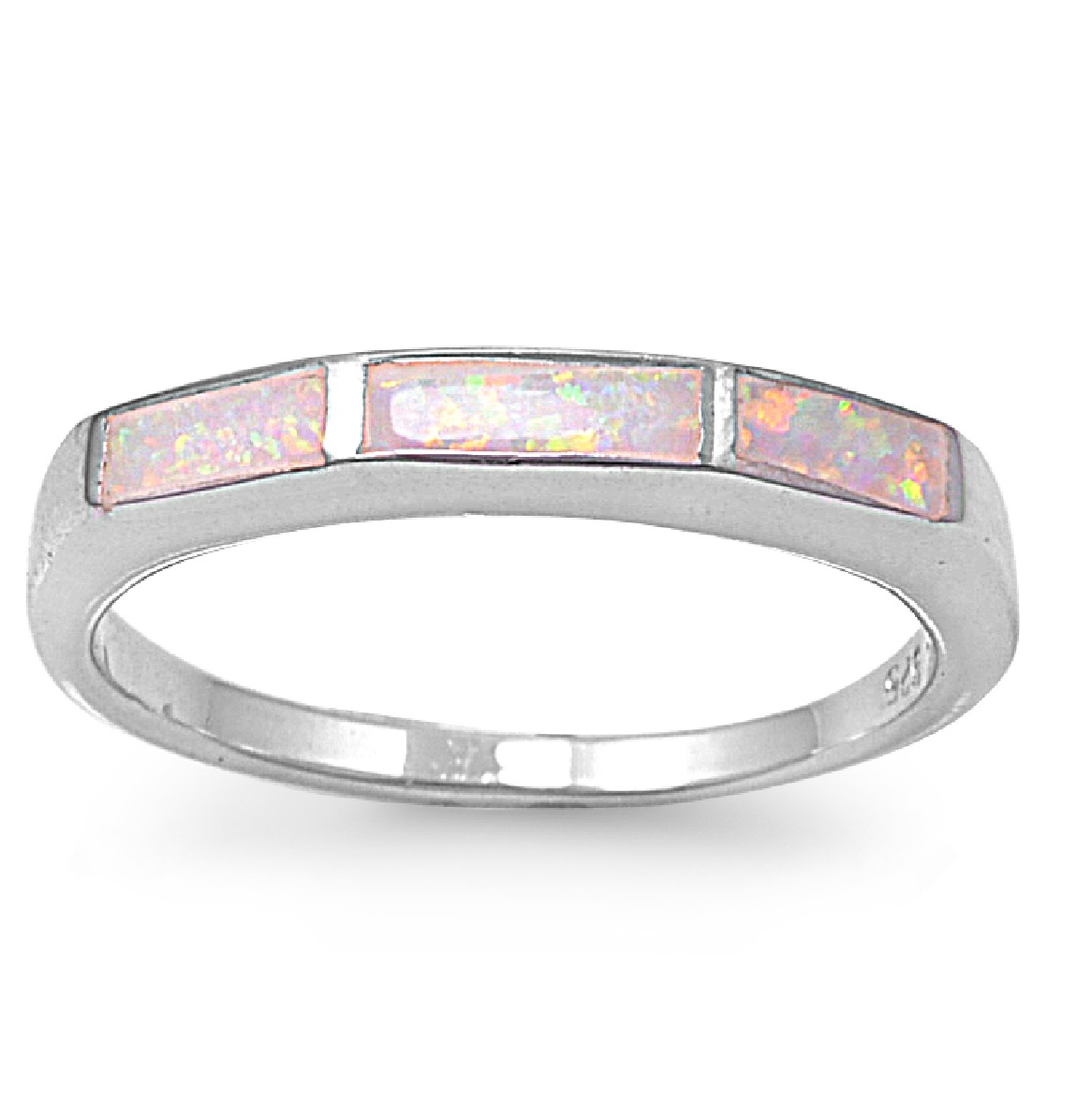 AllinStock Tri Rectangular Center Pink White Simulated Opal Ring Sterling Silver 