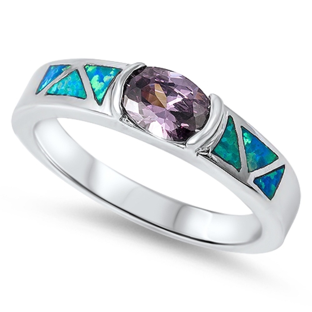 AllinStock Sideway Oval Blue Simulated Opal Simulated Amethyst Cubic Zirconia Ring Sterling Silver 