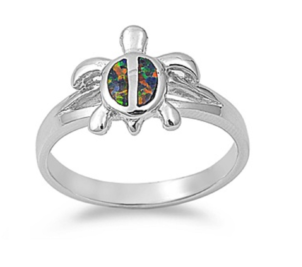 AllinStock Sea Turtle Black Simulated Opal Ring Sterling Silver 