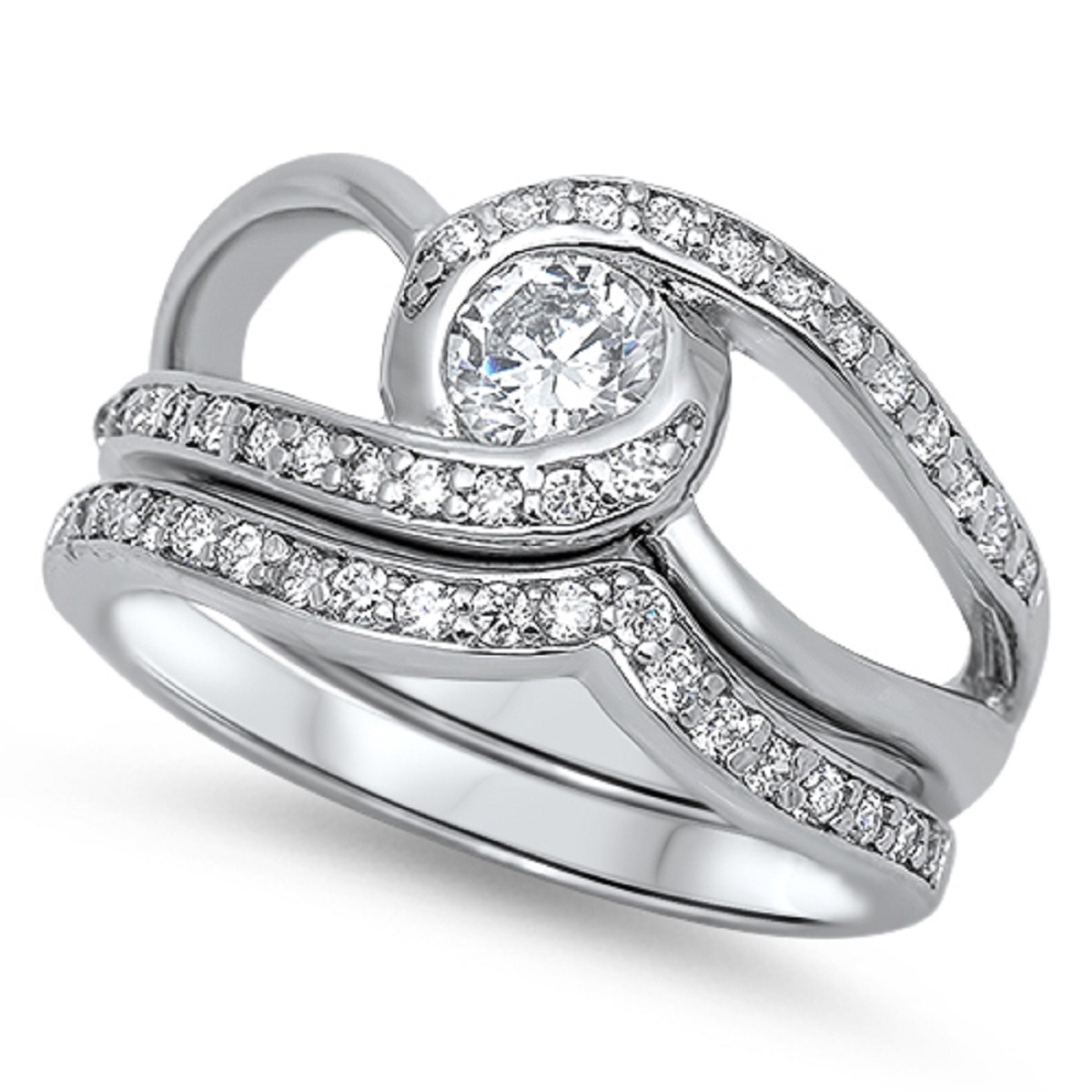 AllinStock Round Center with Round Stones Cubic Zirconia Wedding Set Ring Sterling Silver 925 