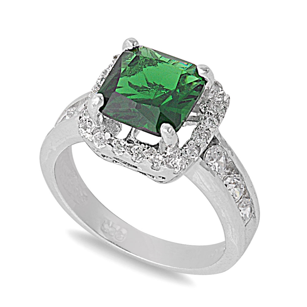 AllinStock Embraced Pronged Square Simulated Emerald Cubic Zirconia Ring Sterling Silver 925 
