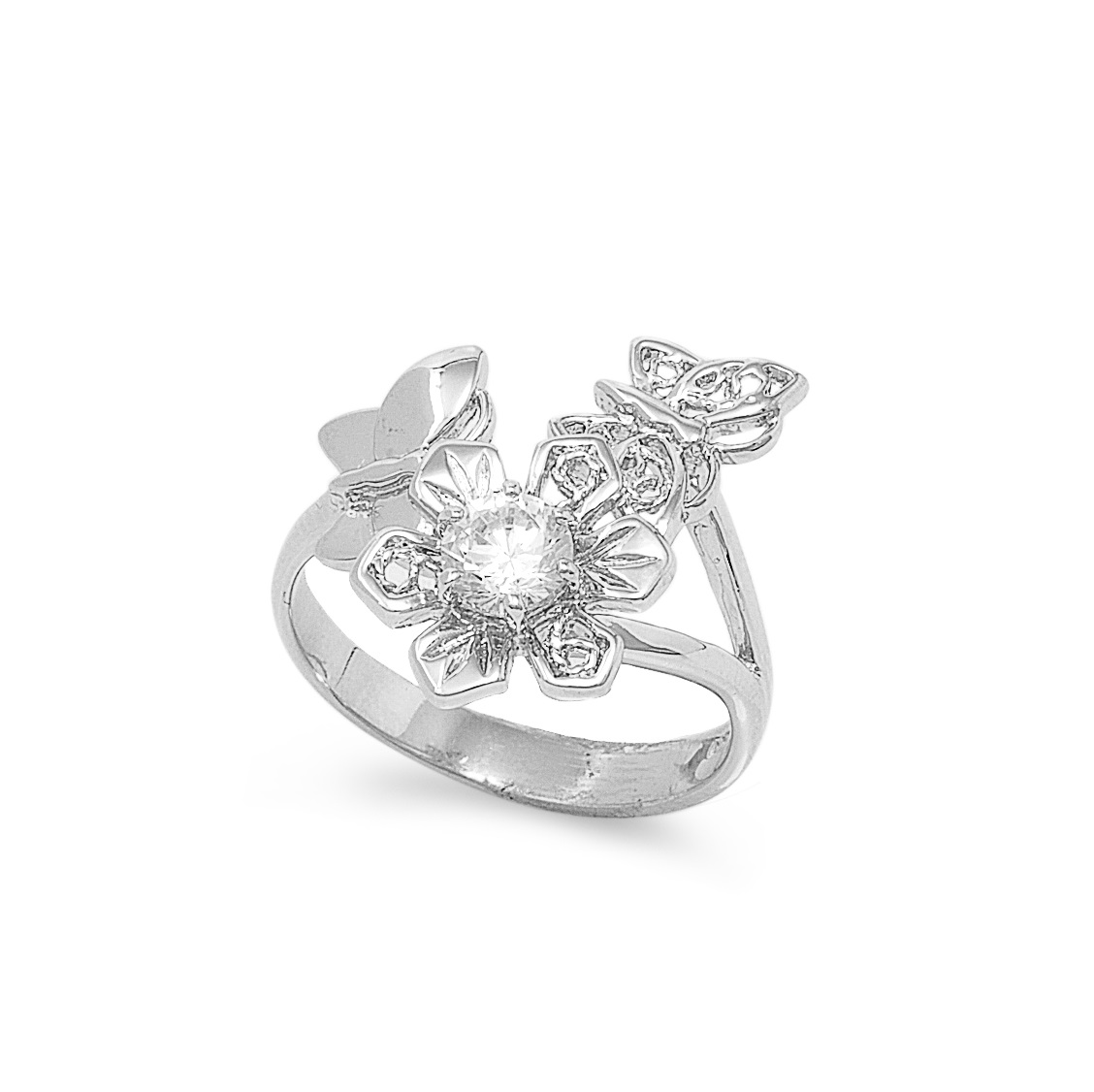 AllinStock Flower Butterfly Cubic Zirconia Ring Sterling Silver 925 
