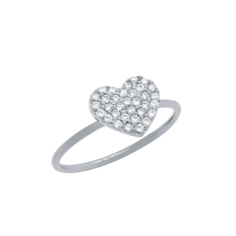 AllinStock Heart Shape Cubic Zirconia Pave Solitaire Ring Rhodium Plated Sterling Silver 