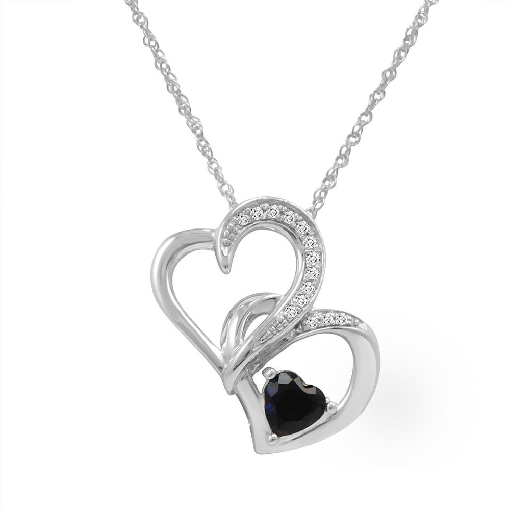 Amanda Rose Heart Pendant-Necklace in Sterling Silver with Lab Created Sapphire and Natural Diamonds