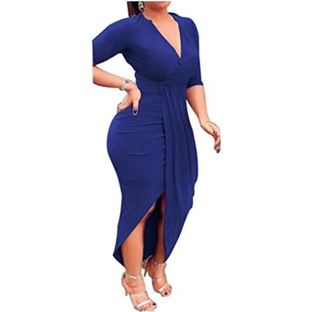 AM CLOTHES Womens Sexy Long Sleeve High Low Ruched Slit Bodycon Party Midi Dr...