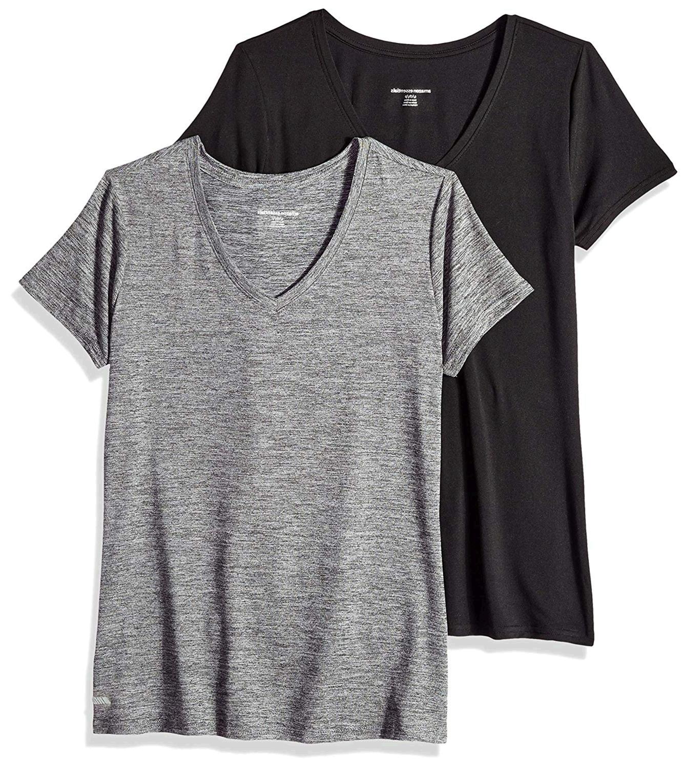 Amazon Essentials Essentials Women's 2-Pack Tech Stretch Short-Sleeve V-Neck  T-Shirt, Space dye/