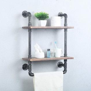 Pipe Shelving Wood Shelf With Towel Bar, Industrial Bathroom Shelves