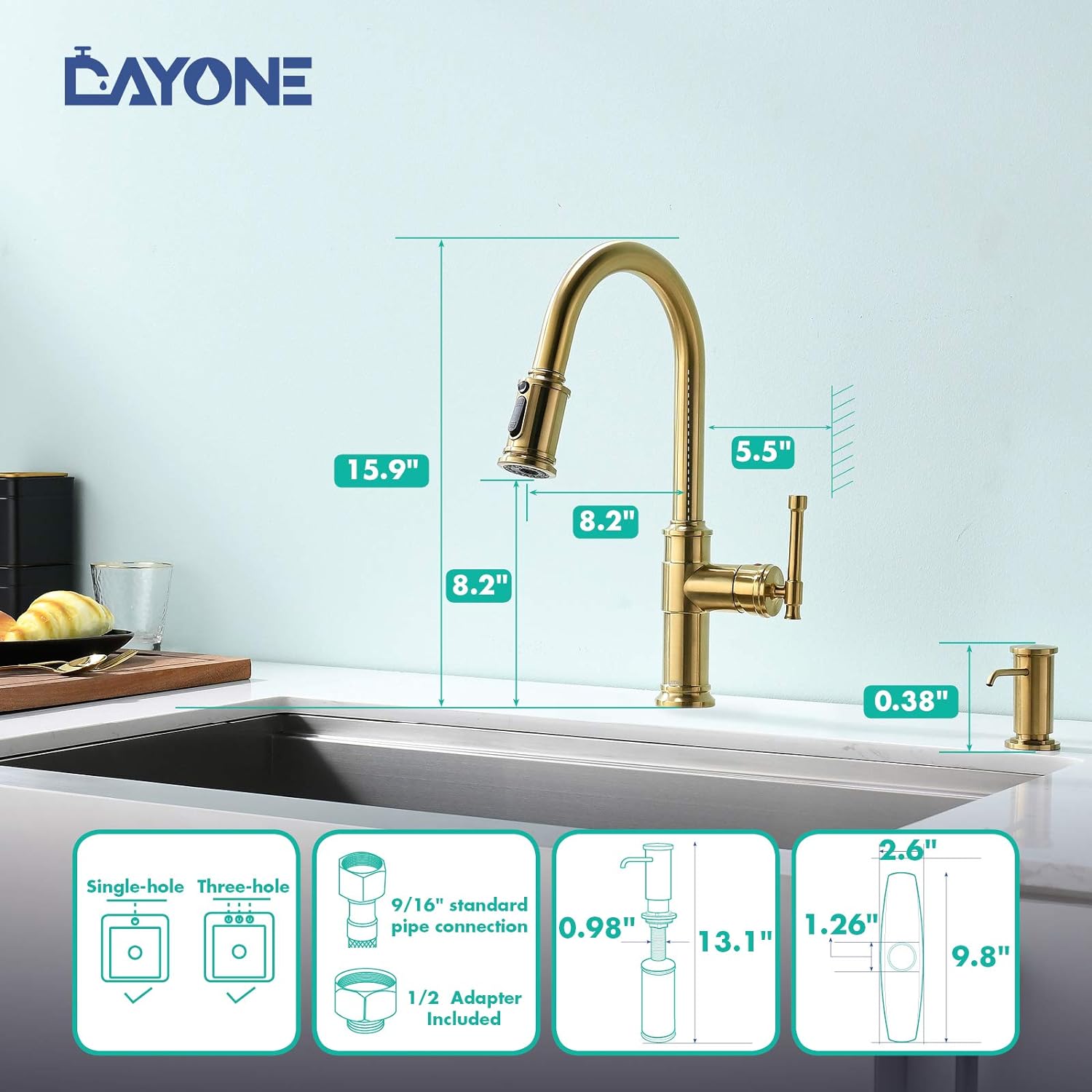 DAYONE Pull Down Single Handle Kitchen Faucet with Magnetic Docking Sprayer, One Hole High Arc Kitchen Sink Faucets with Soap Dispense